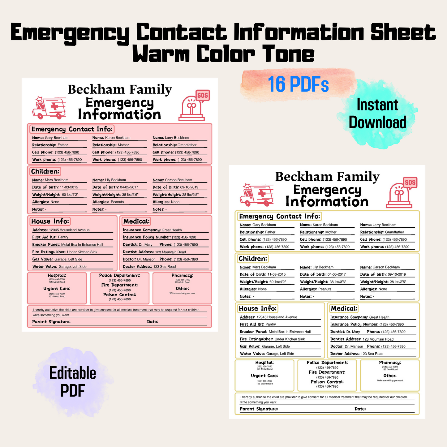 Emergency Contact Information Sheet Rainbow Color, Emergency Contact Form, Babysitter Info Sheet, In Case Of Emergency, Instant Download