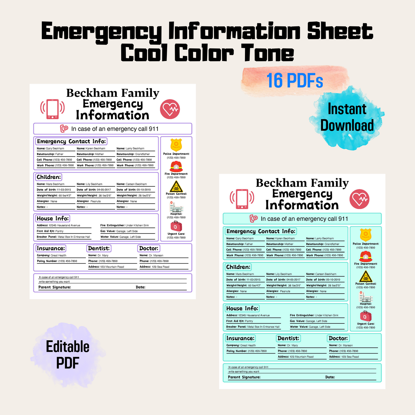 Printable Emergency Information Sheet, Babysitter Info Sheet, Medical Details, Personal Contact Info, Instant Download
