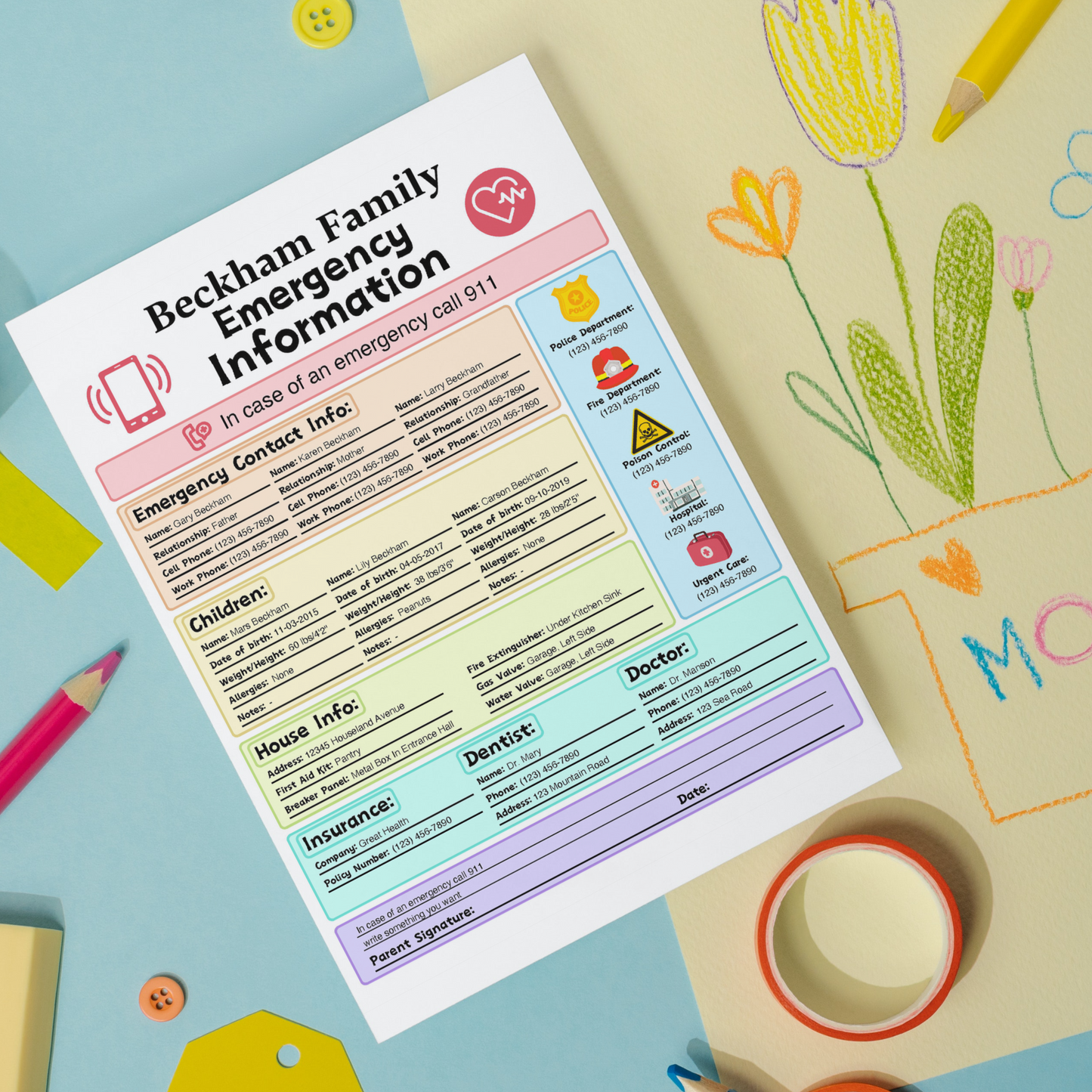Editable Emergency Contact Information Sheet 2: Rainbow Color Print Out Demo