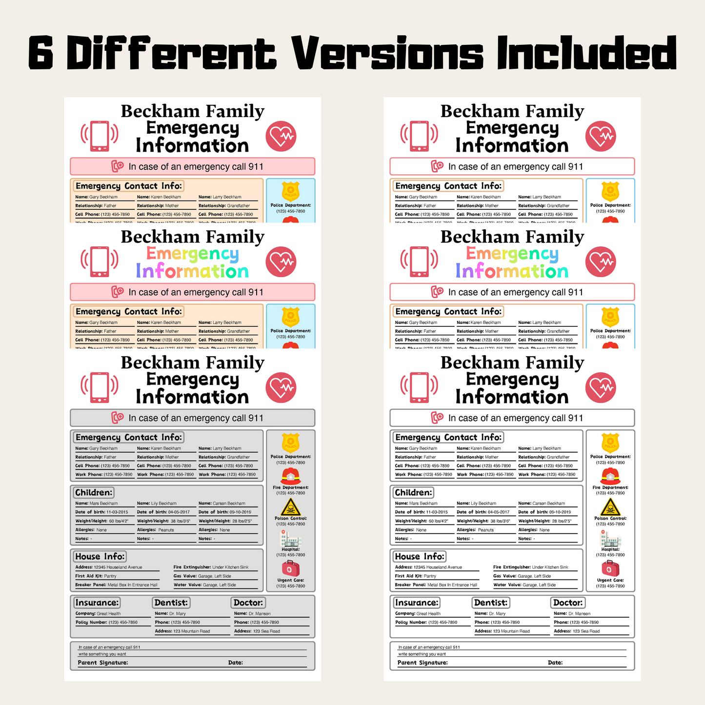 Editable Emergency Contact Information Sheet 2: Rainbow Color 6 Versions Included