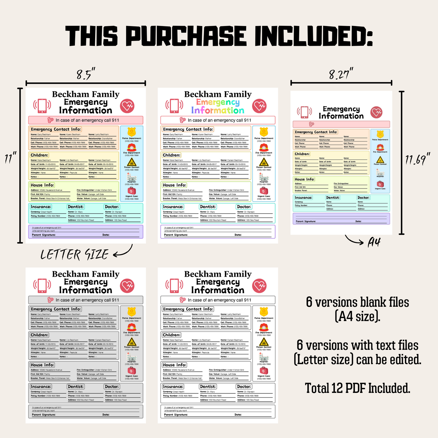 Editable Emergency Contact Information Sheet 2: Rainbow Color Product Information Details And Print Out Size Demo