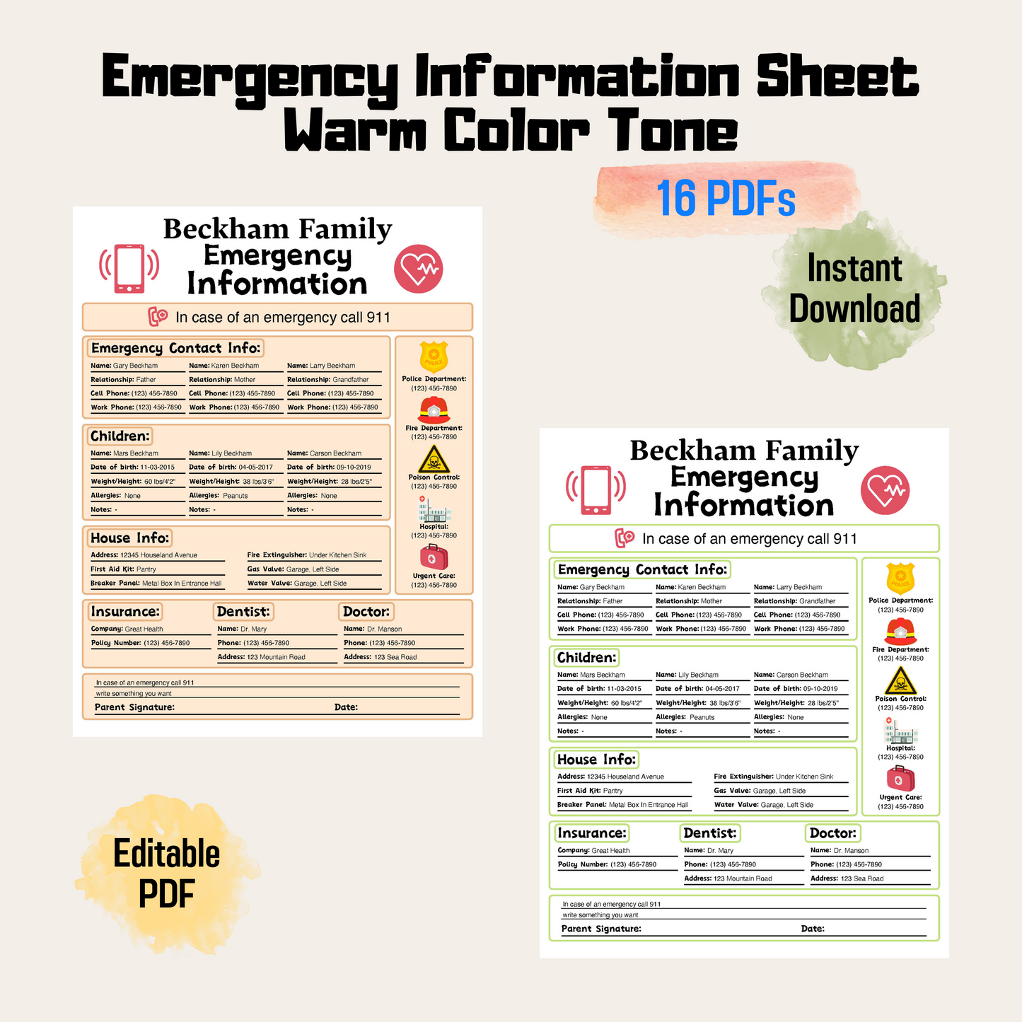 Printable Emergency Information Sheet, Babysitter Info Sheet, Medical Details, Personal Contact Info, Instant Download