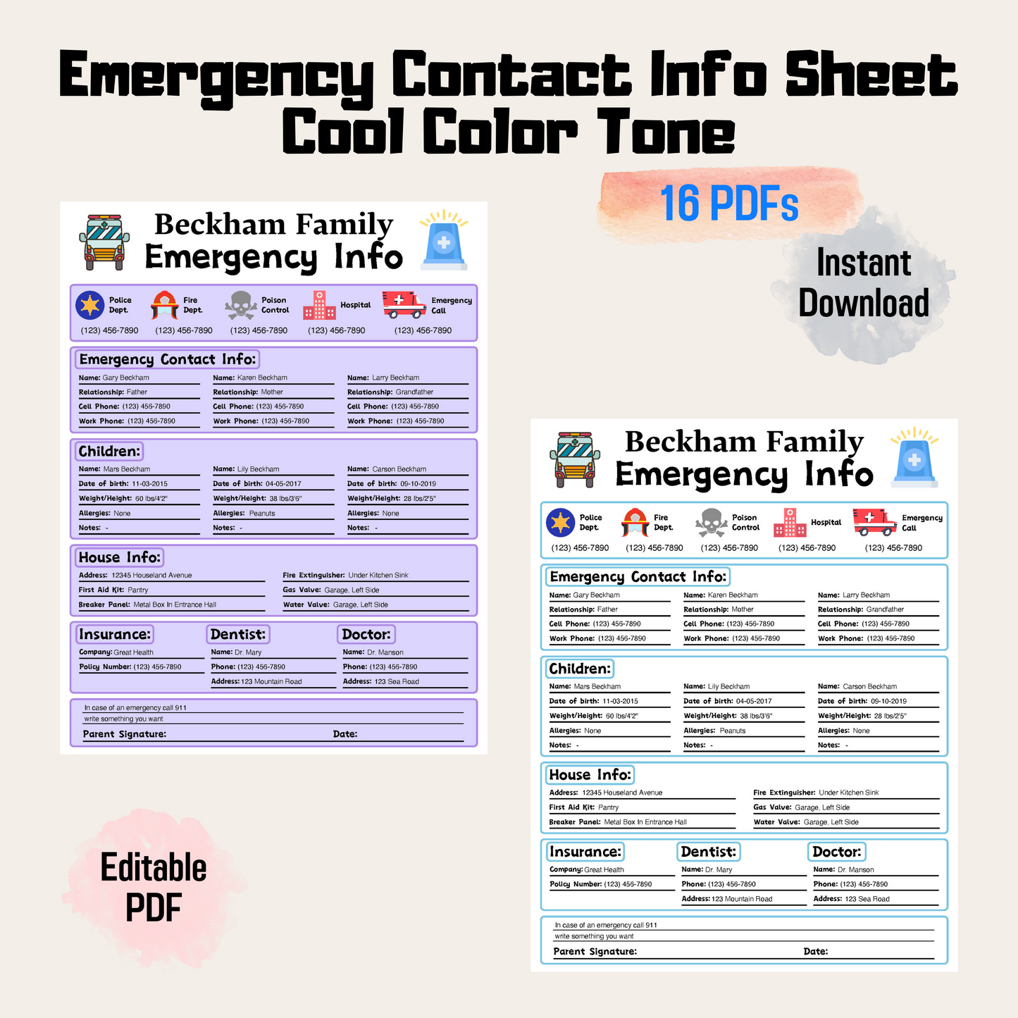 Emergency Contact Info Sheet Rainbow Color, Emergency contact sheet, babysitter info sheet, emergency contact form, nanny info sheet, printable