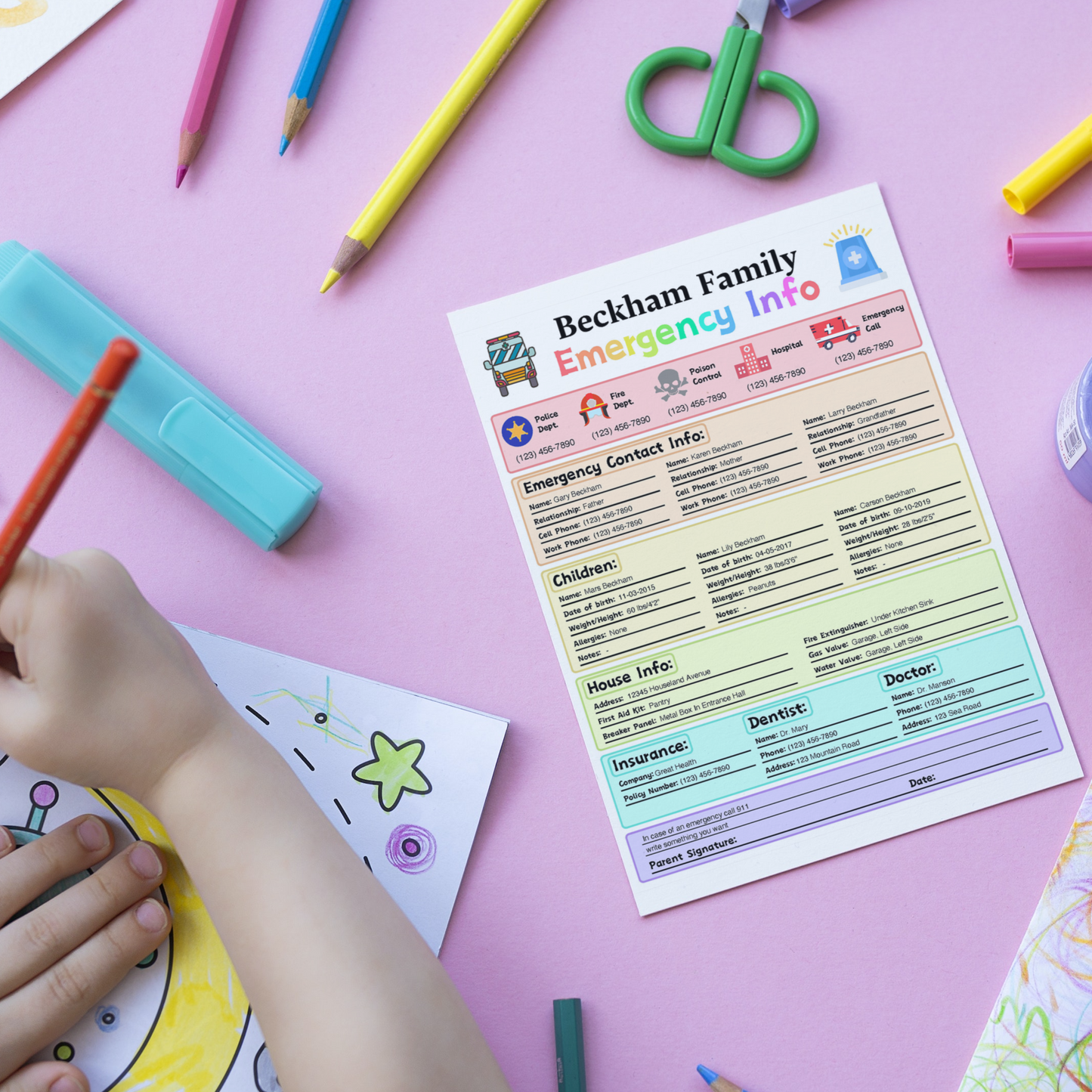 Editable Emergency Contact Information Sheet 3: Rainbow Color Print Out Demo