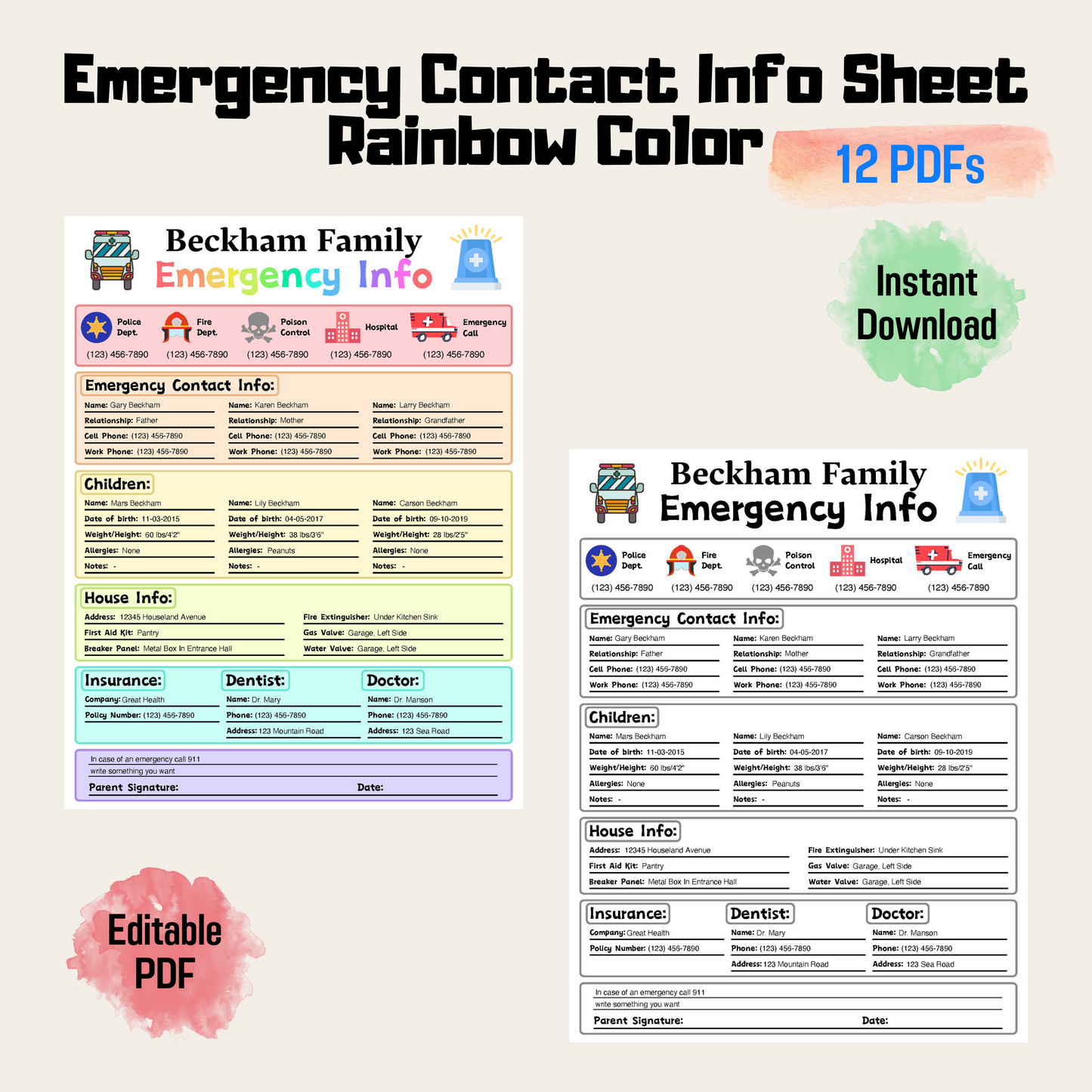 Editable Emergency Contact Information Sheet 3: Rainbow Color