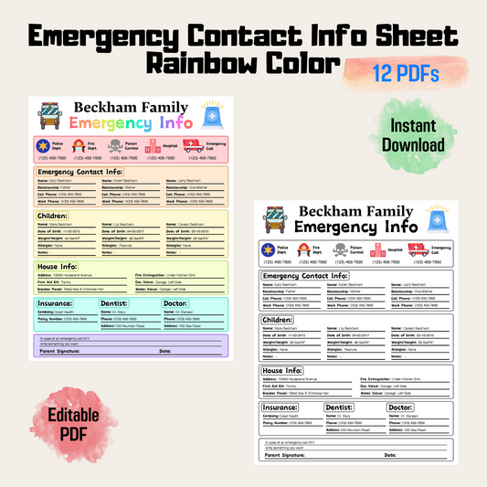 Editable Emergency Contact Information Sheet 3: Rainbow Color