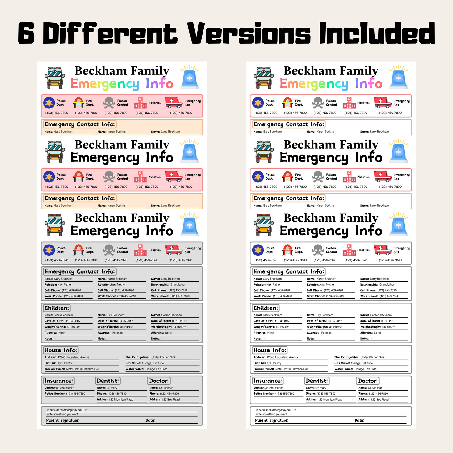 Editable Emergency Contact Information Sheet 3: Rainbow Color 6 Versions Included