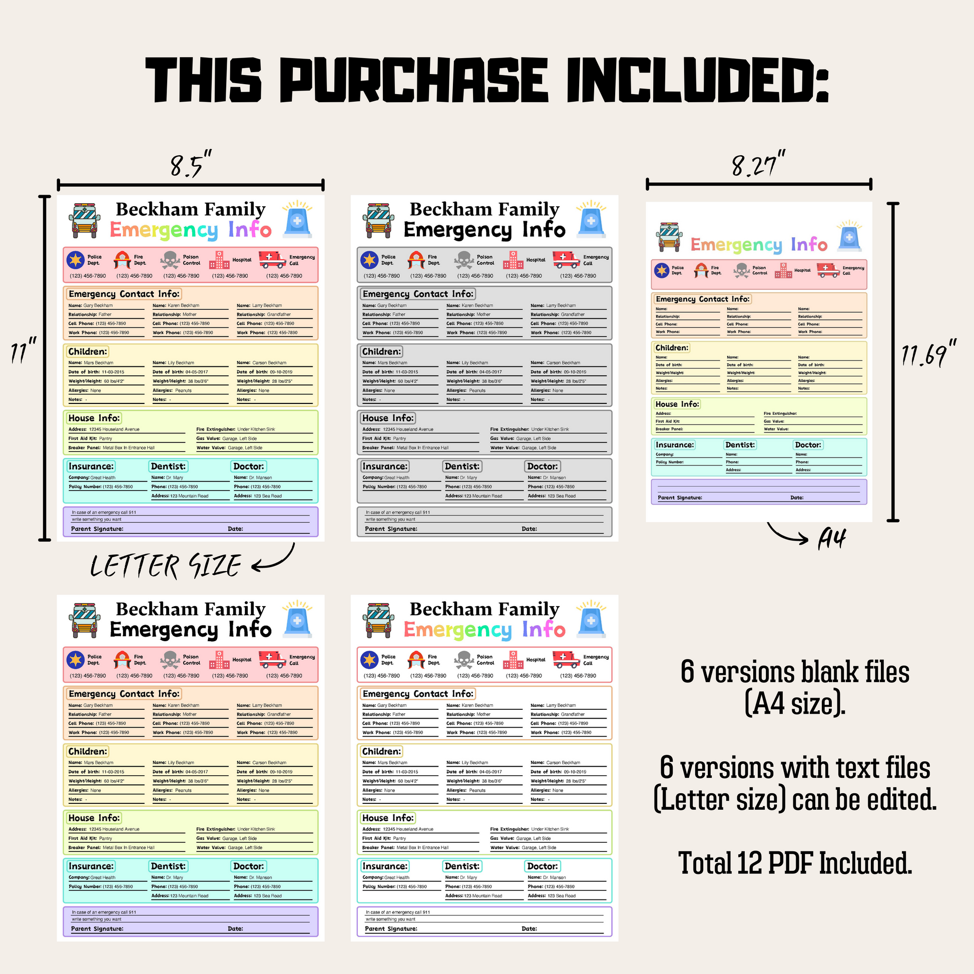 Editable Emergency Contact Information Sheet 3: Rainbow Color Product Information Details And Print Out Size Demo
