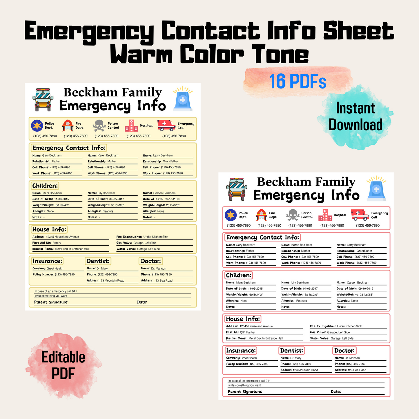 Emergency Contact Info Sheet Rainbow Color, Emergency contact sheet, babysitter info sheet, emergency contact form, nanny info sheet, printable