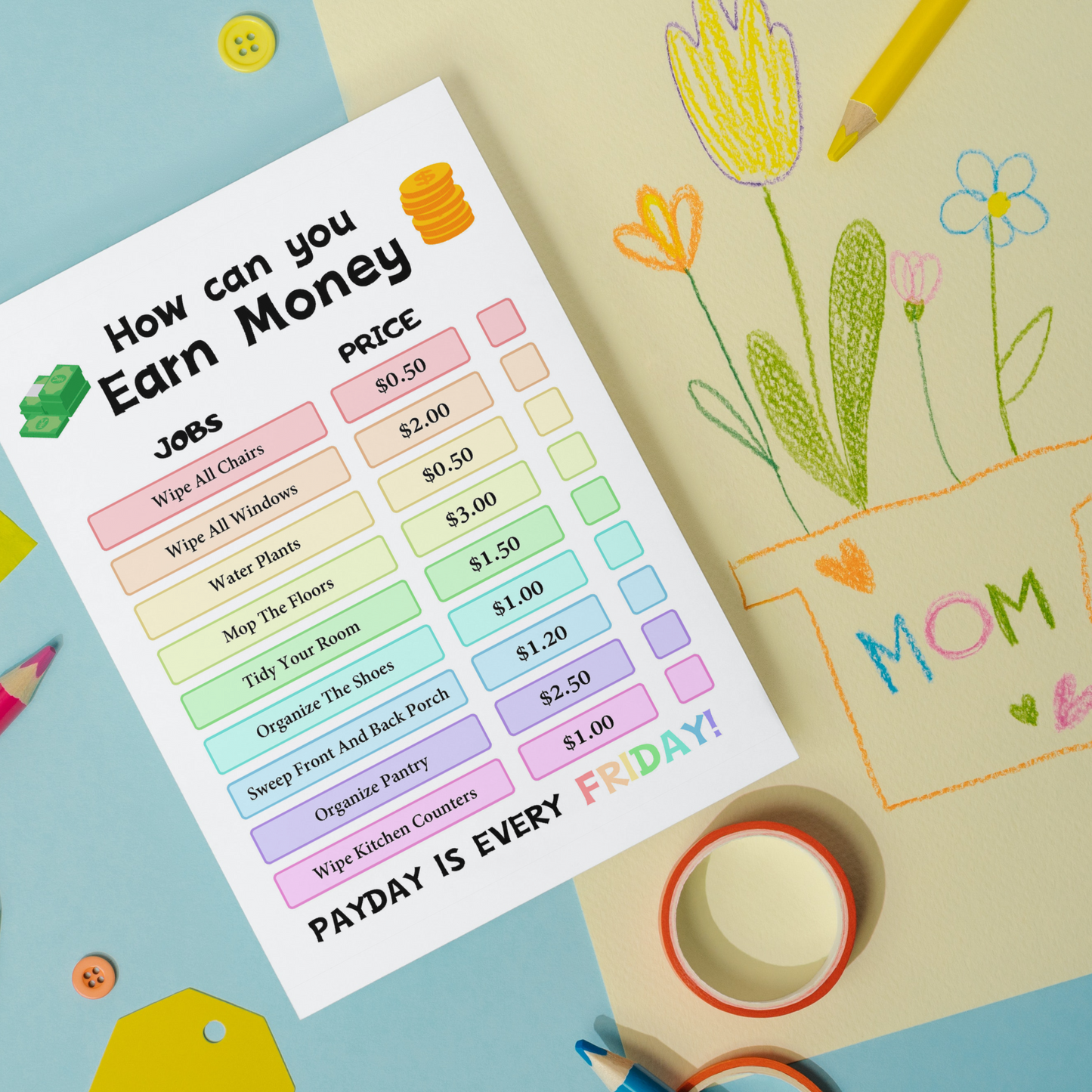 Editable How To Earn Money Chore Chart 1: Rainbow Color Print Out Demo