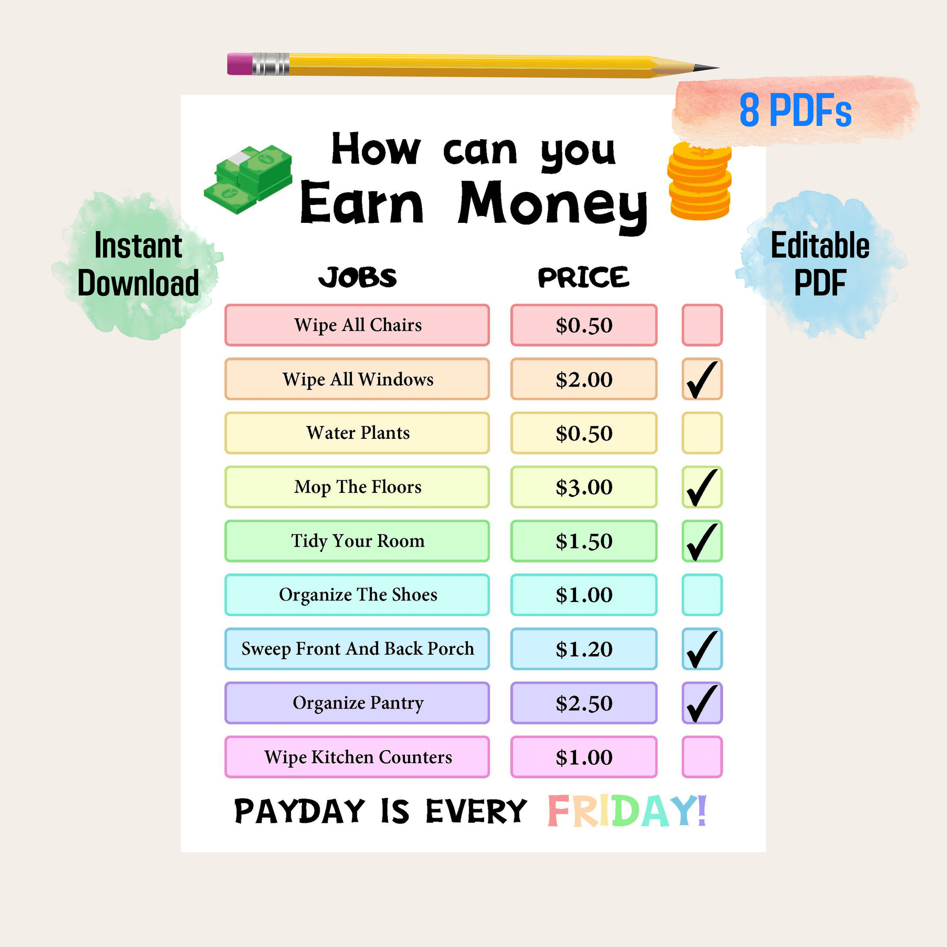 Editable How To Earn Money Chore Chart 1: Rainbow Color