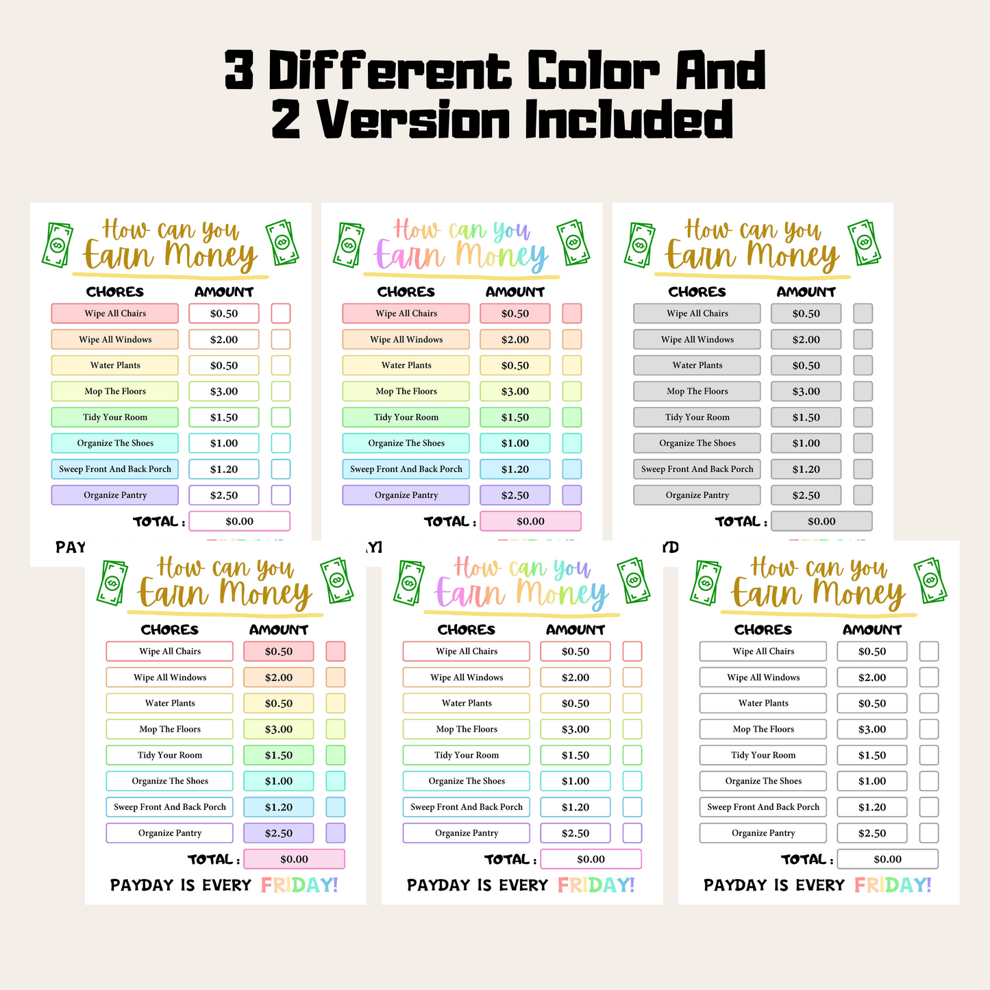 Editable How To Earn Money Chore Chart 2: Rainbow Color 3 Different Color and 2 Versions Included