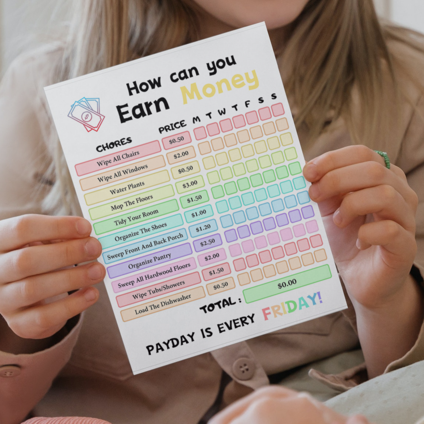 Editable How To Earn Money Chore Chart 3: Rainbow Color Print Out Demo