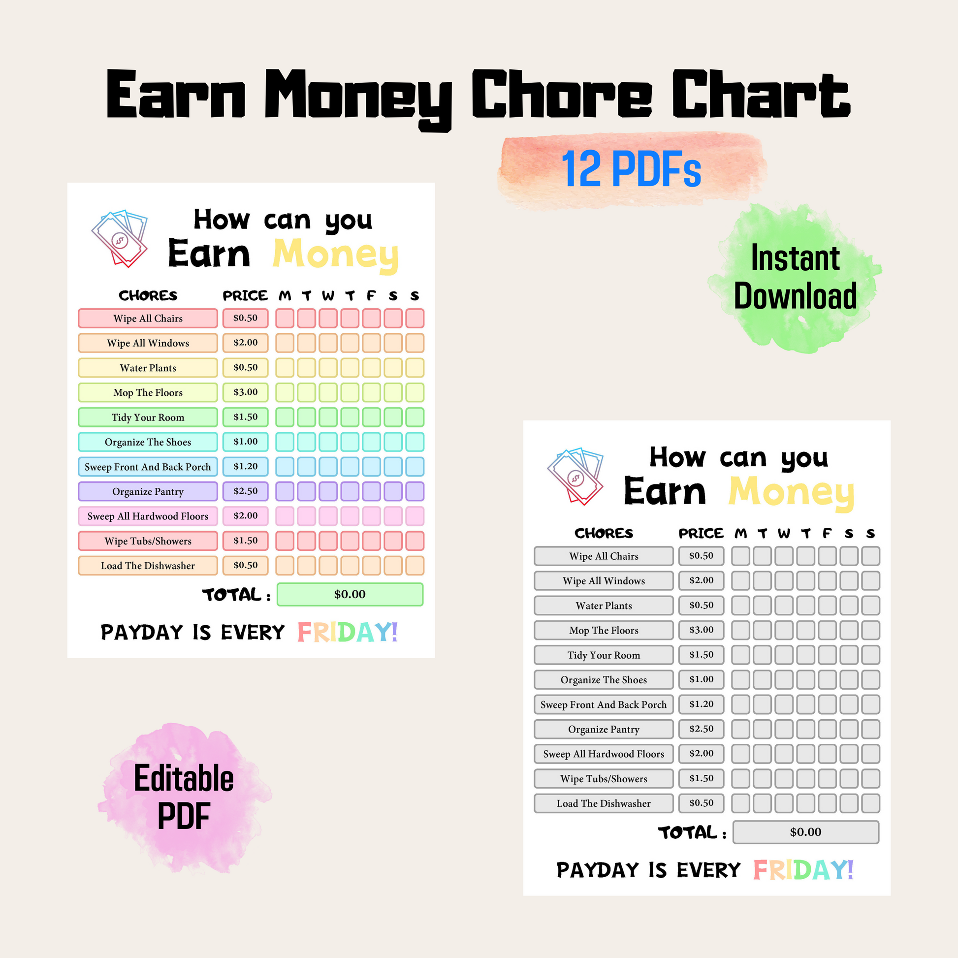 Editable How To Earn Money Chore Chart 3: Rainbow Color