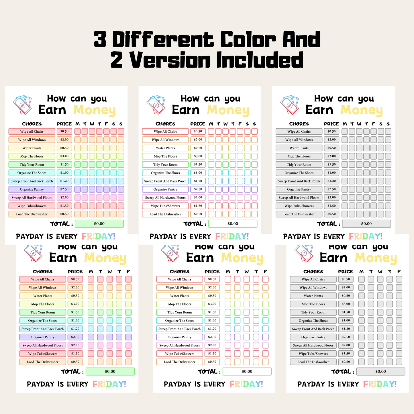 Editable How To Earn Money Chore Chart 3: Rainbow Color 3 Different Color and 2 Versions Included