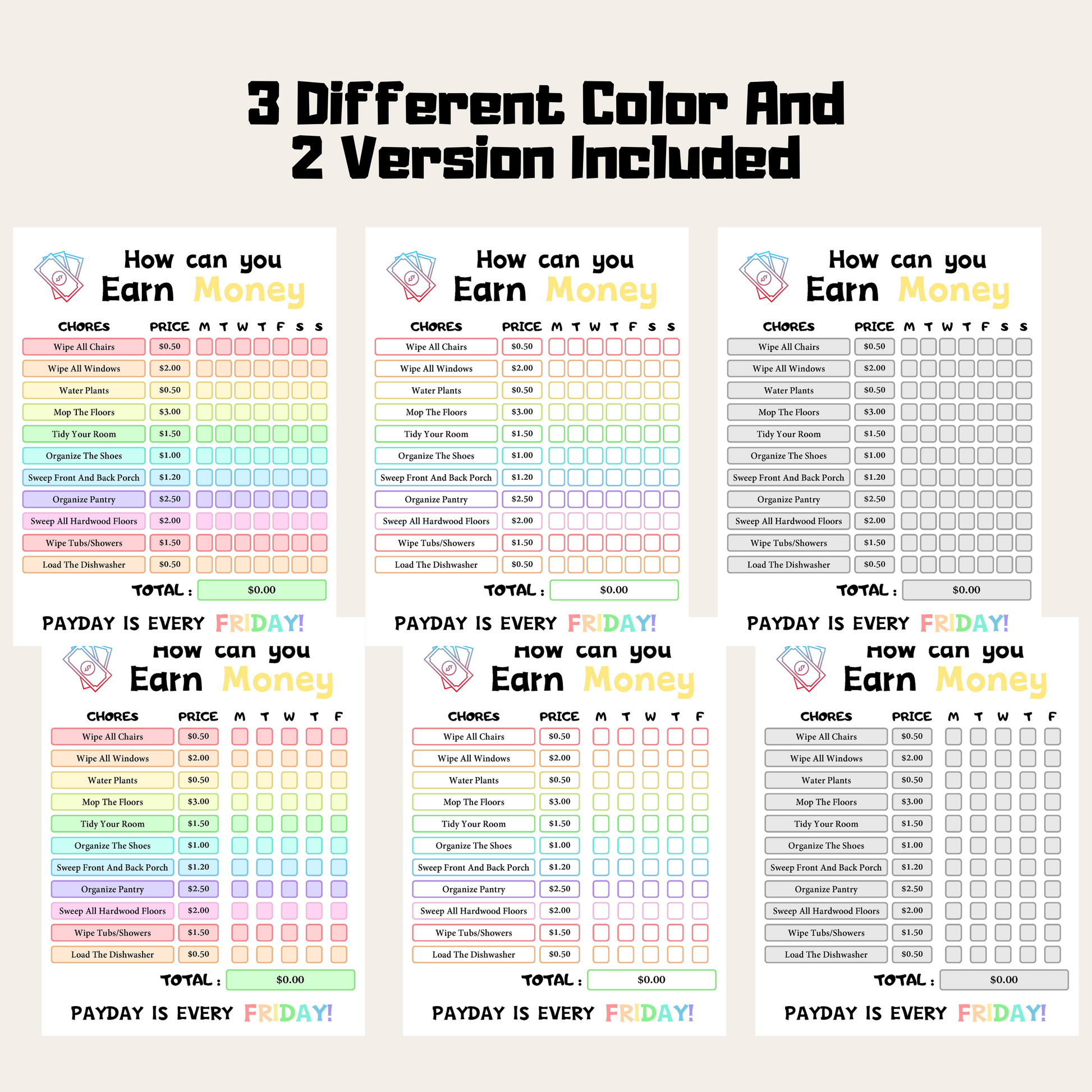 Editable How To Earn Money Chore Chart 3: Rainbow Color 3 Different Color and 2 Versions Included