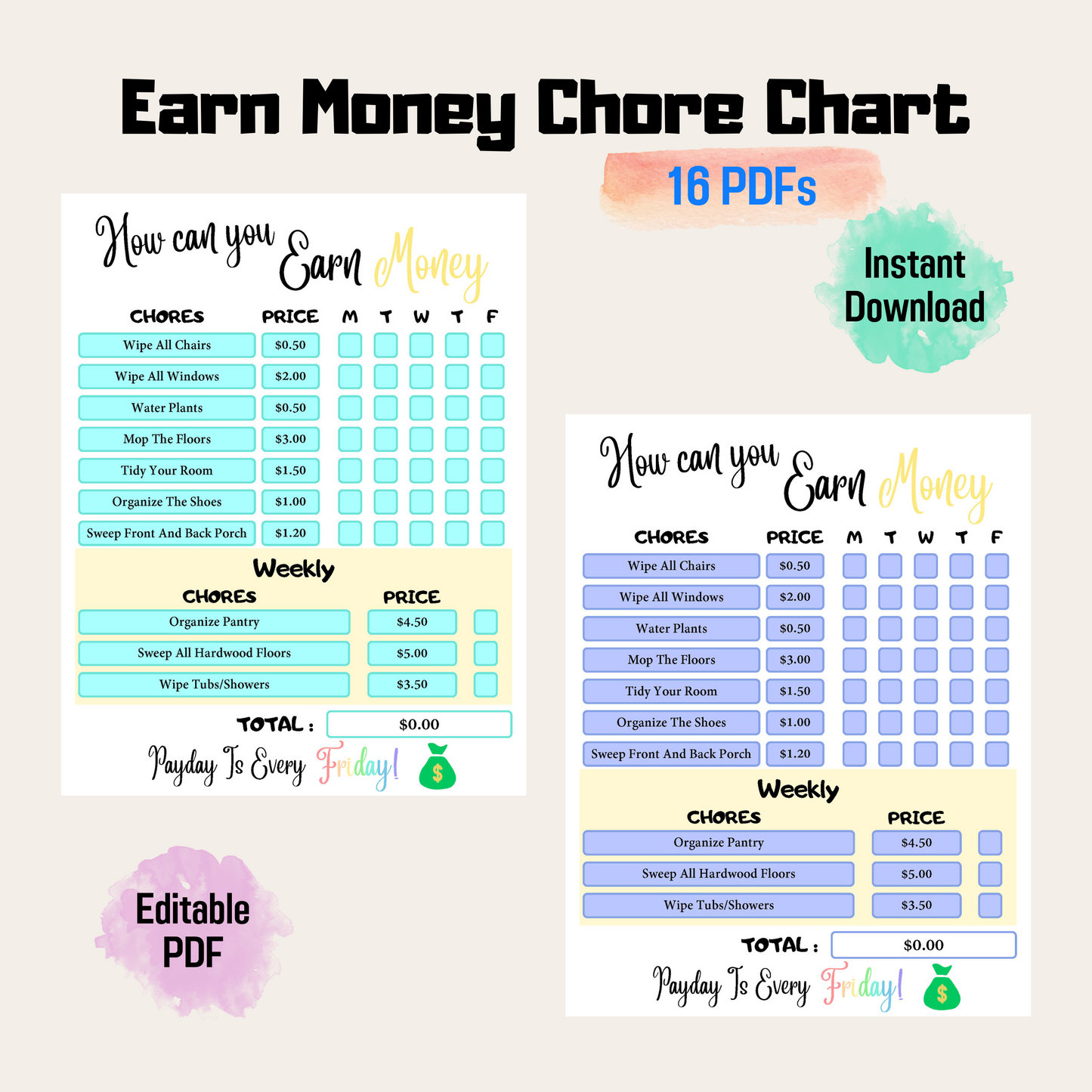 How to Earn Money Weekly Chore Chart, Editable Allowance Chore Chart for Kid, Printable Chore Chart for kid, Responsibility chart for kid
