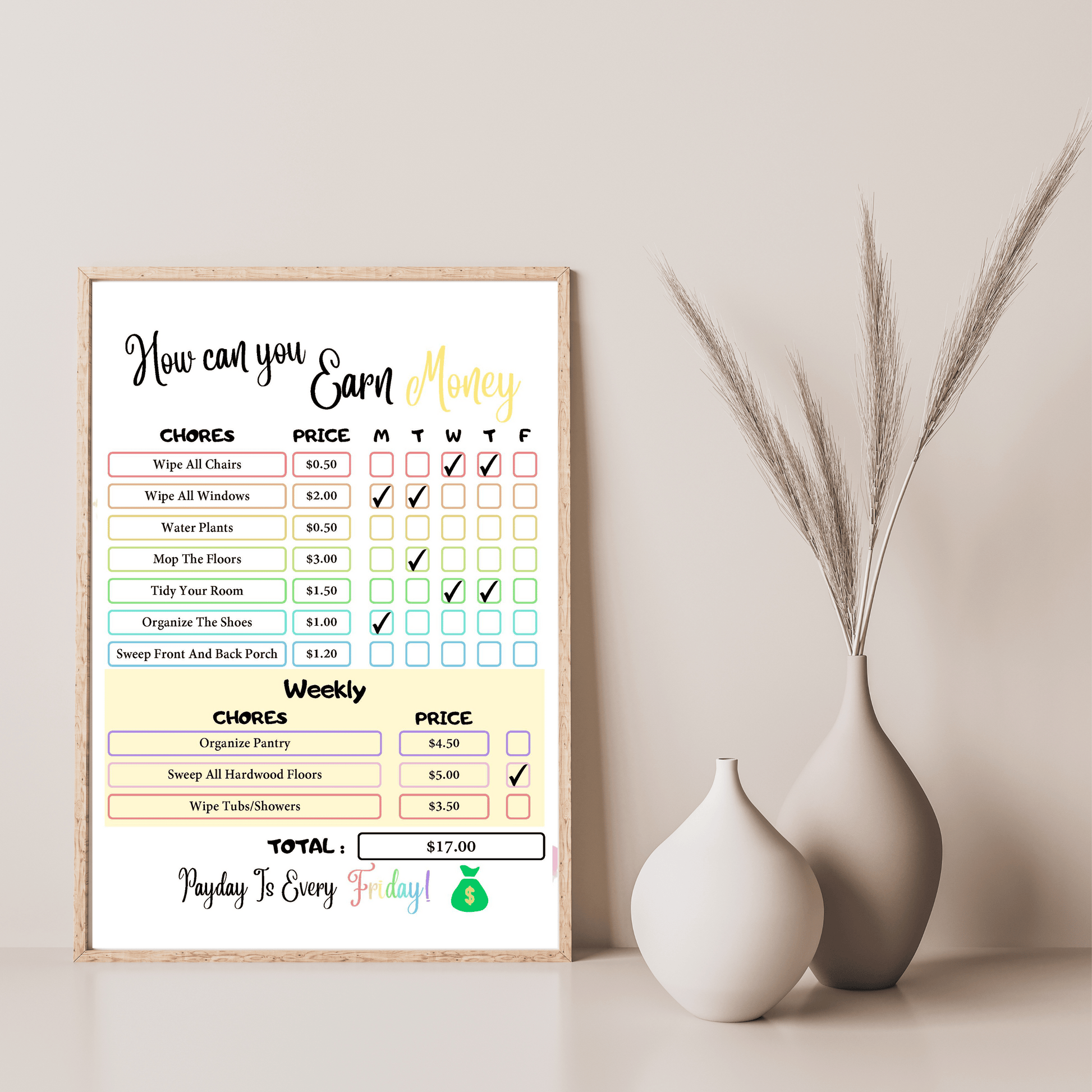 Editable How To Earn Money Chore Chart 4: Rainbow Color Print Out Demo