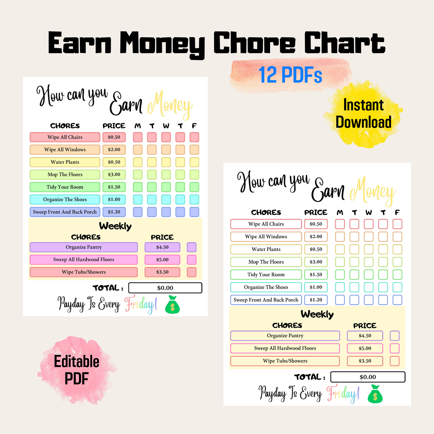 Editable How To Earn Money Chore Chart 4: Rainbow Color