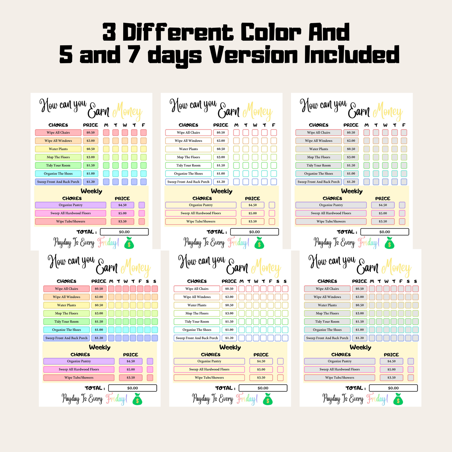 Editable How To Earn Money Chore Chart 4: Rainbow Color 3 Different Color and 5 and 7 Days Versions Included