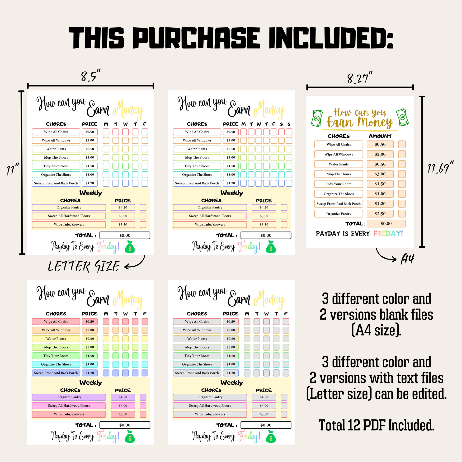 Editable How To Earn Money Chore Chart 4: Rainbow Color Product Information Details And Print Out Size Demo