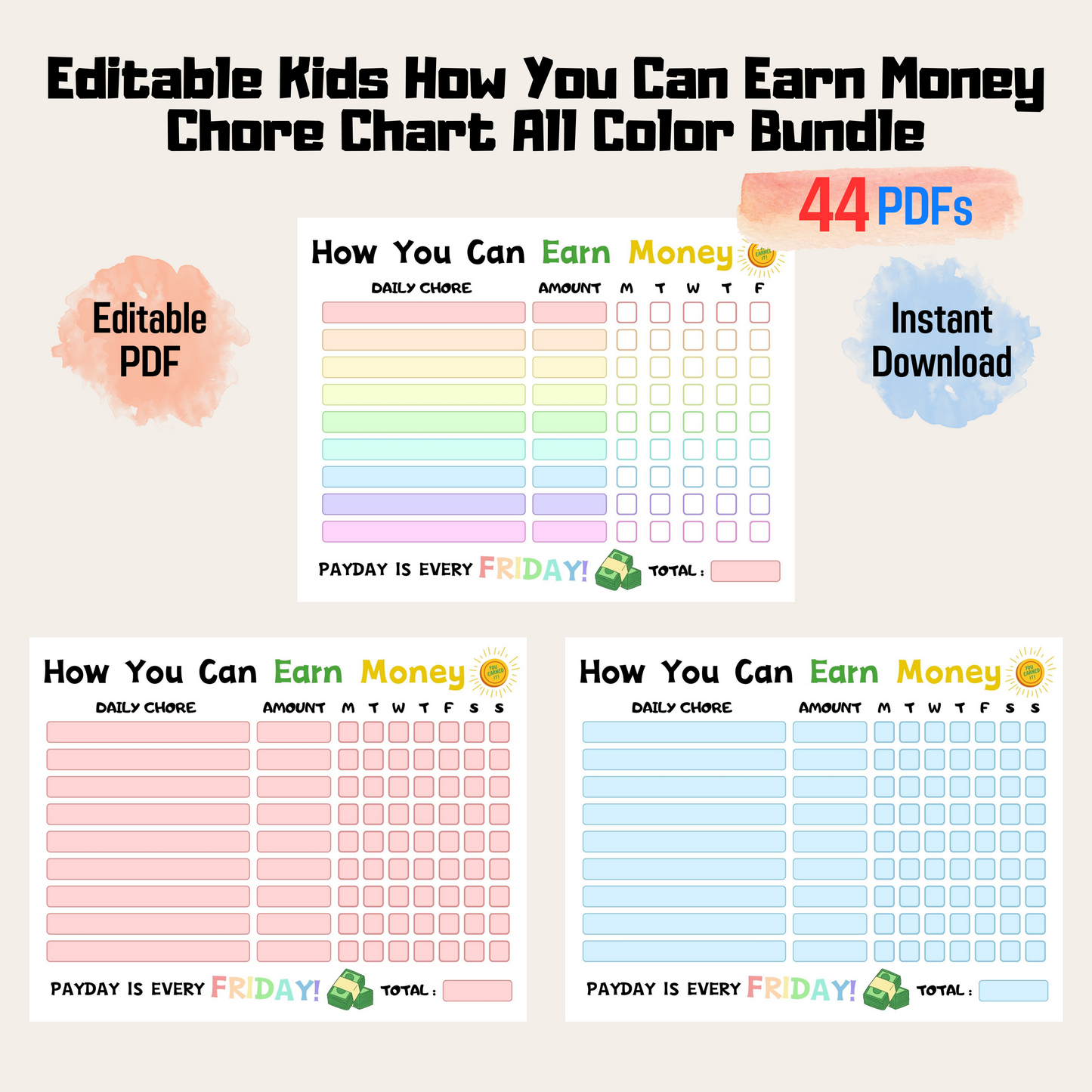 How To Earn Money Chore Chart, Editable Weekly Chore Chart For Kids, Responsibility Chart for Kids PDF, Printable Allowance Chore Chart