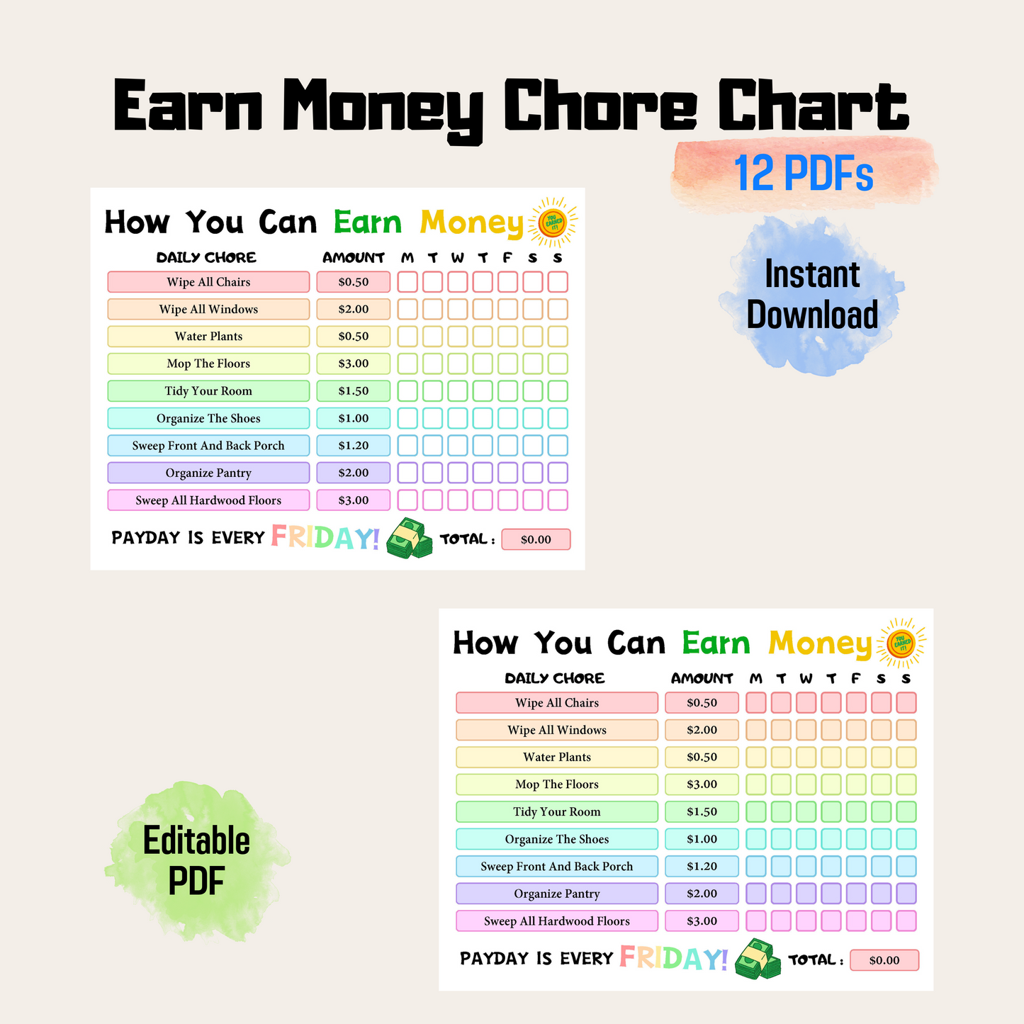 Editable How To Earn Money Chore Chart 5: Rainbow Color