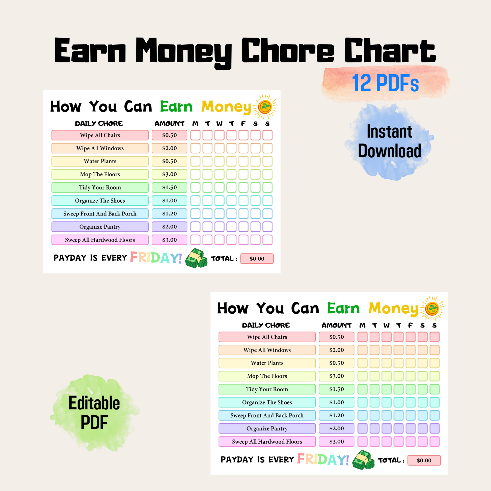 Editable How To Earn Money Chore Chart 5: Rainbow Color