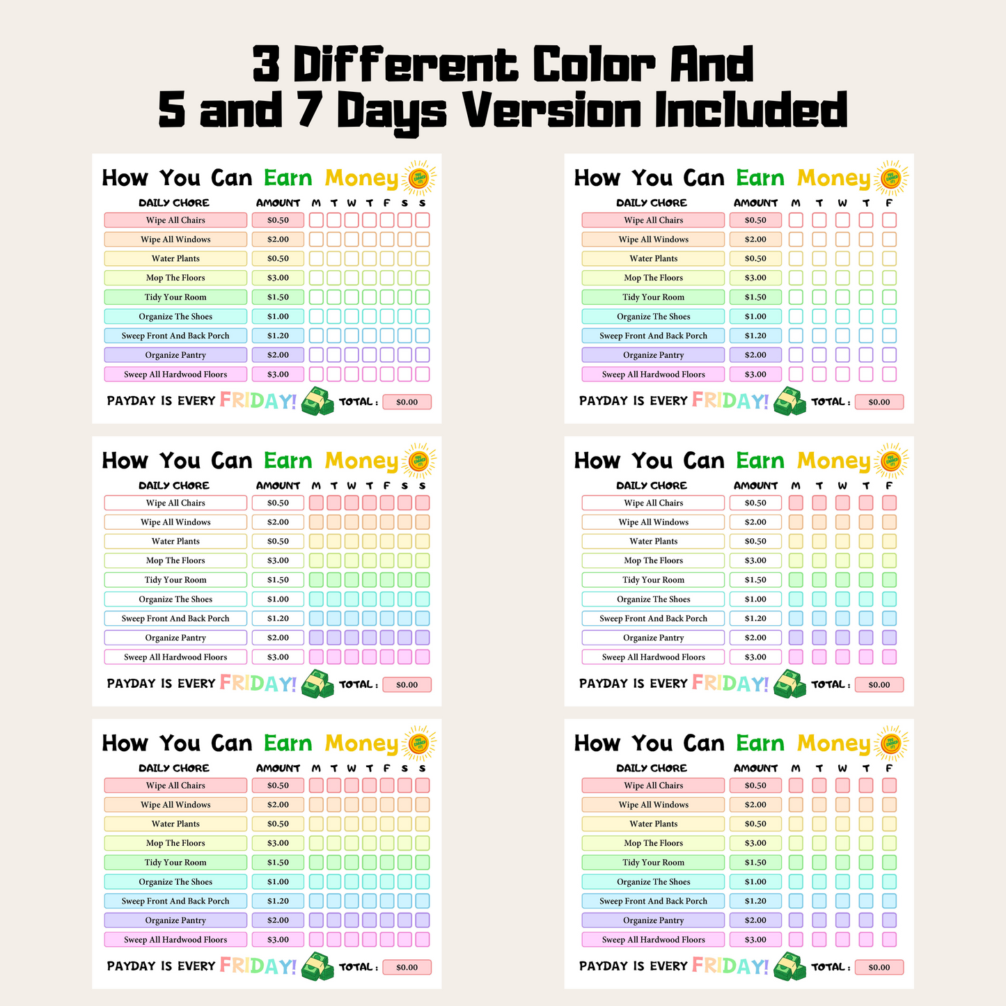 Editable How To Earn Money Chore Chart 5: Rainbow Color 3 Different Color and 5 and 7 Days Versions Included