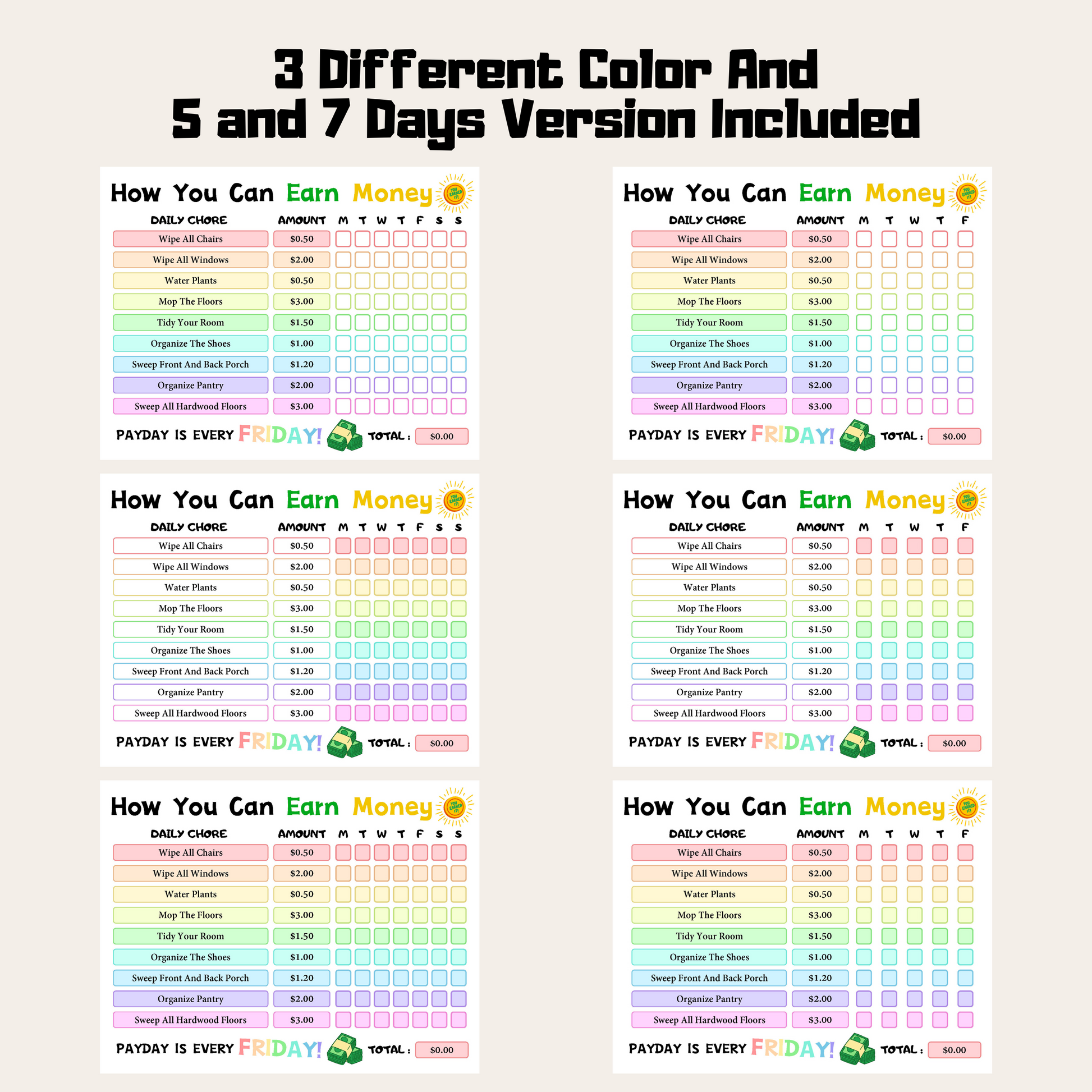 Editable How To Earn Money Chore Chart 5: Rainbow Color 3 Different Color and 5 and 7 Days Versions Included