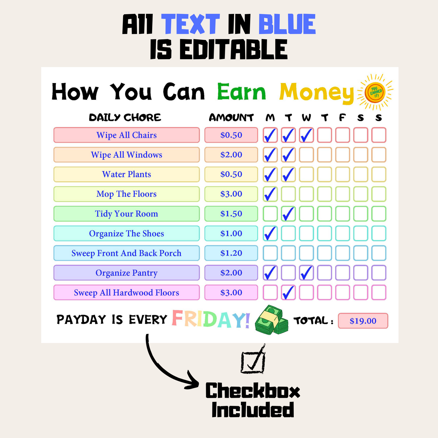 Editable How To Earn Money Chore Chart 5: Rainbow Color Editable Demo Display