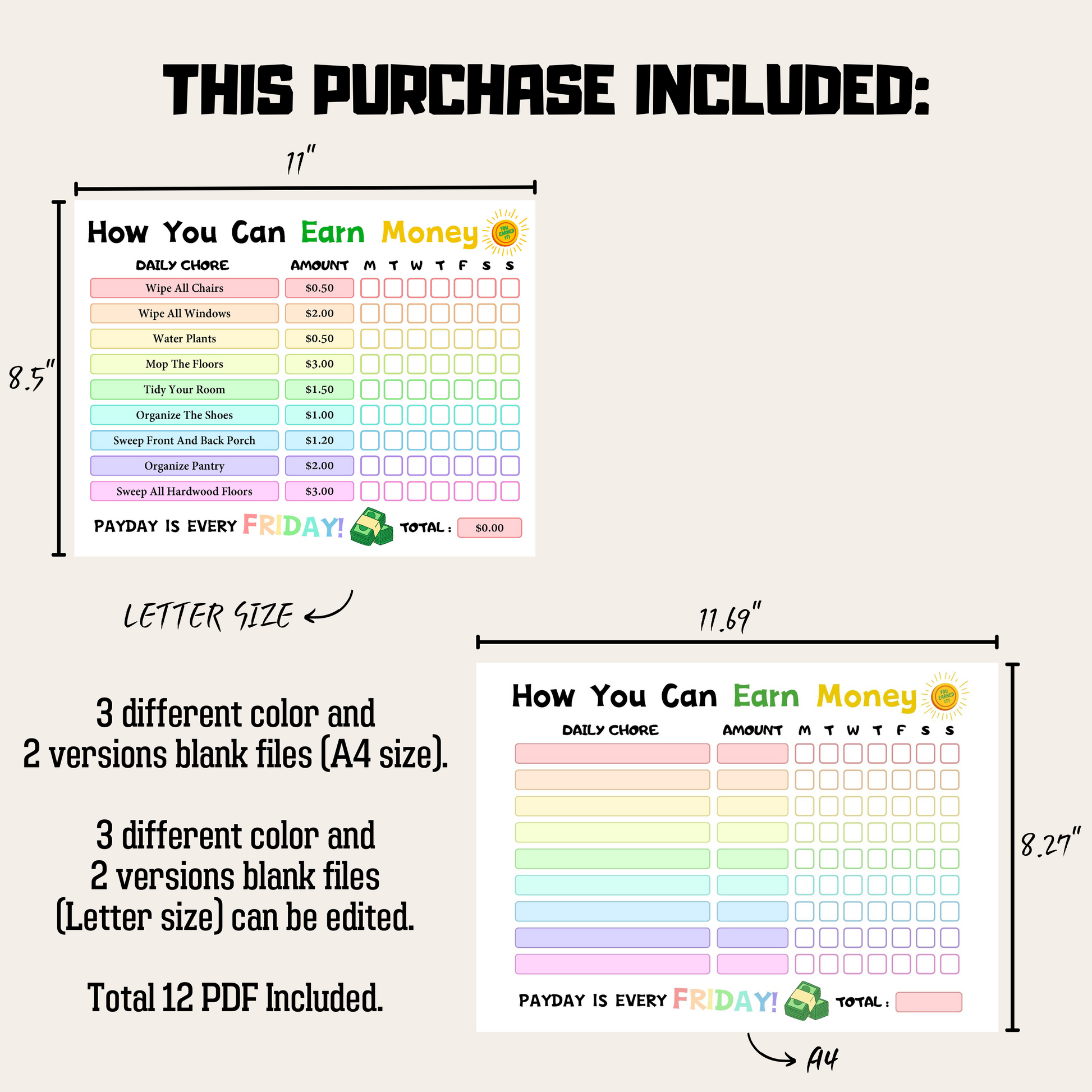 Editable How To Earn Money Chore Chart 5: Rainbow Color Product Information Details And Print Out Size Demo