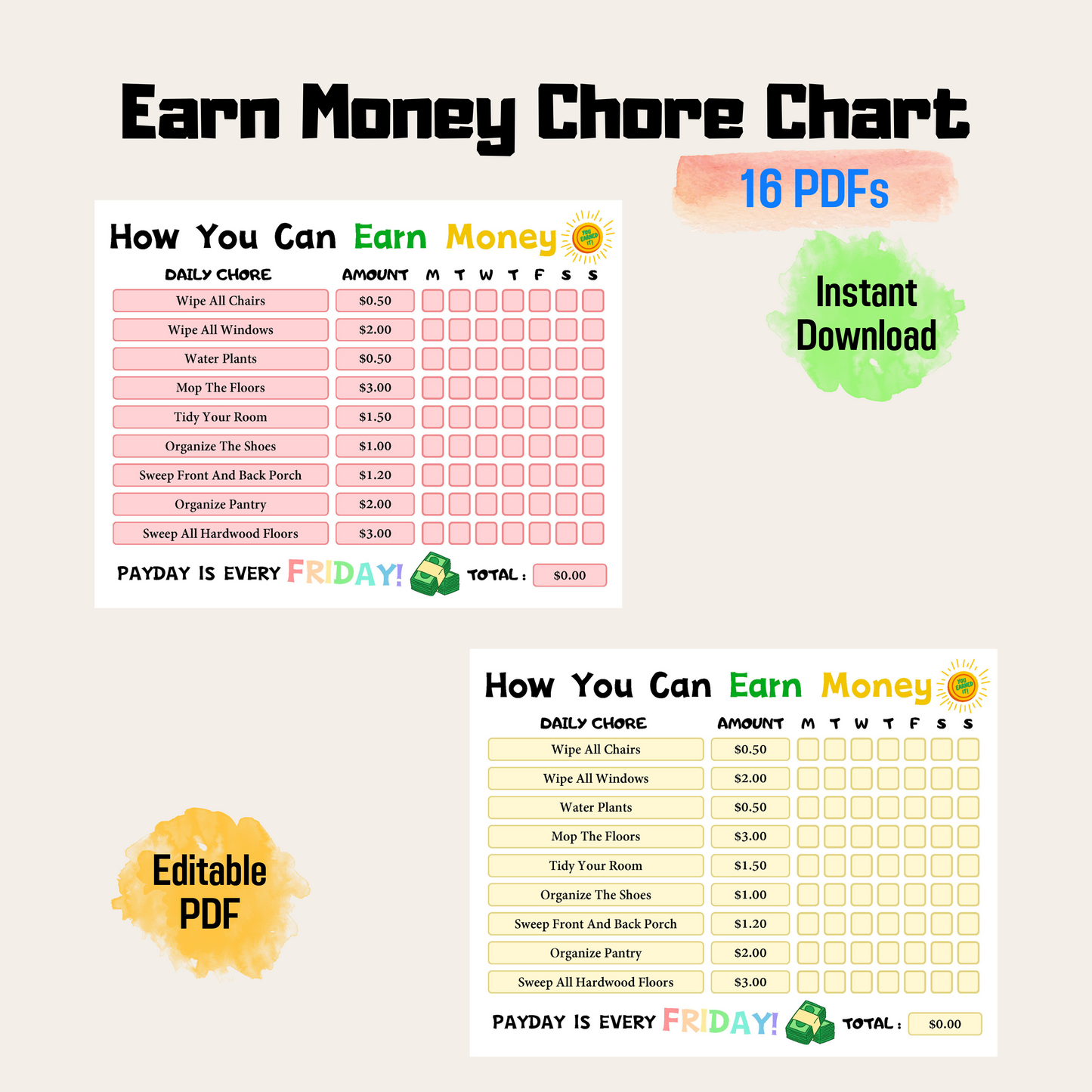 How To Earn Money Chore Chart, Editable Weekly Chore Chart For Kids, Responsibility Chart for Kids PDF, Printable Allowance Chore Chart