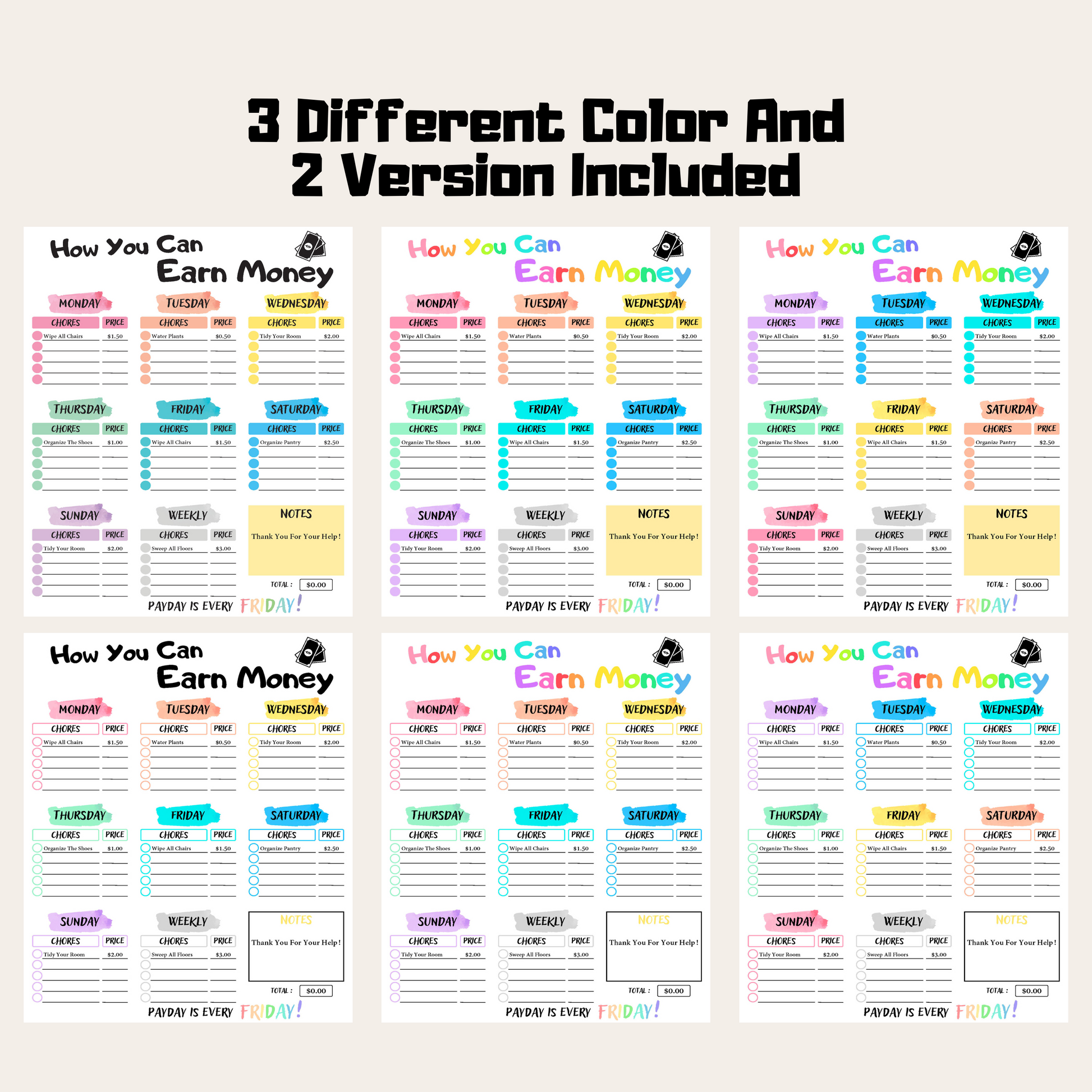 Editable How To Earn Money Chore Chart 6: Rainbow Color 3 Different Color and 2 Versions Included