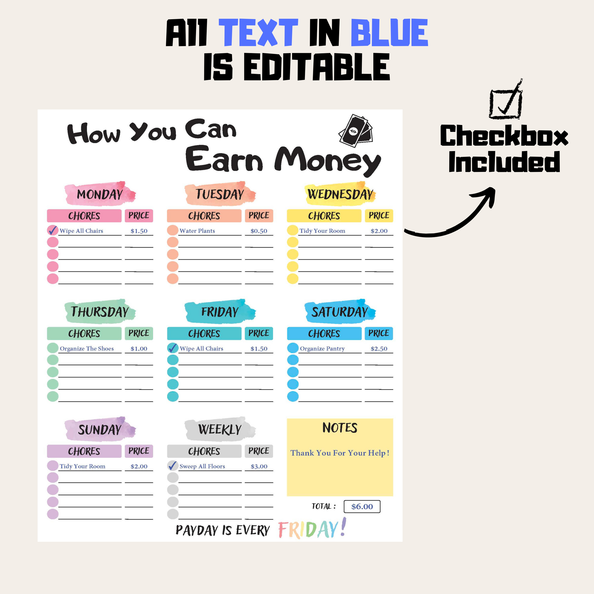 Editable How To Earn Money Chore Chart 6: Rainbow Color Editable Demo Display
