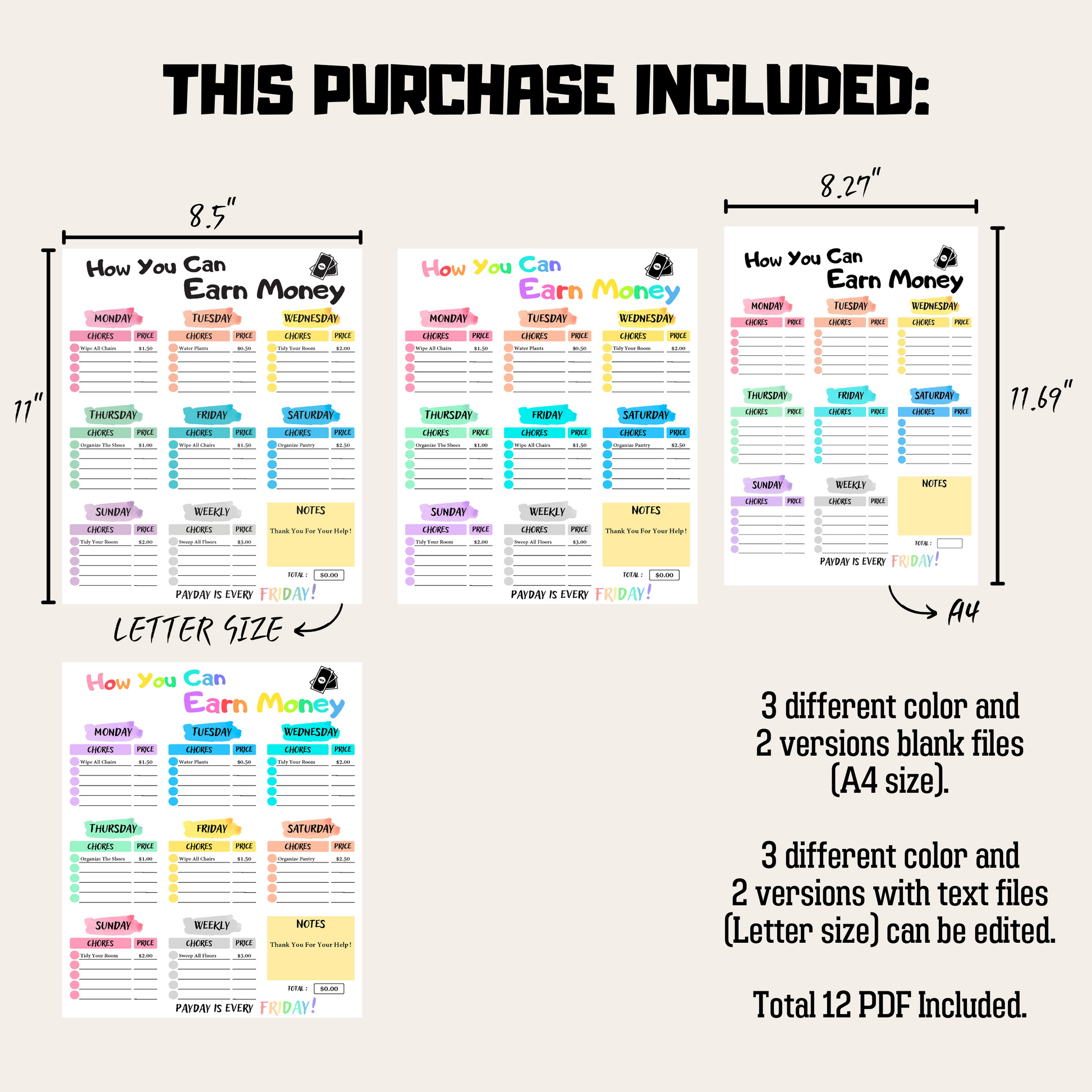 Editable How To Earn Money Chore Chart 6: Rainbow Color Product Information Details And Print Out Size Demo