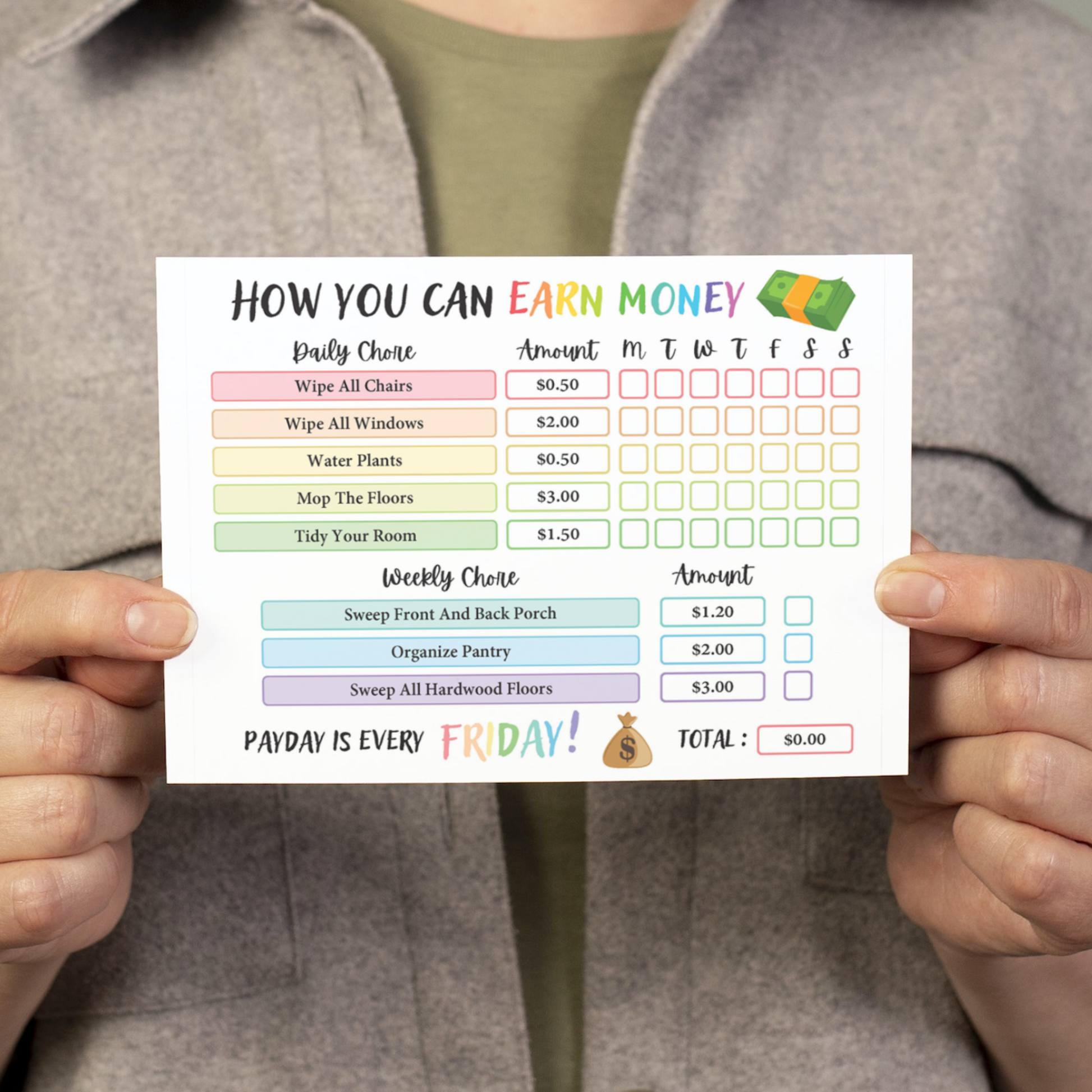 Editable How To Earn Money Chore Chart 7: Rainbow Color Print Out Demo
