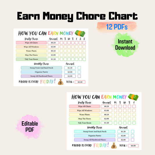 Editable How To Earn Money Chore Chart 7: Rainbow Color