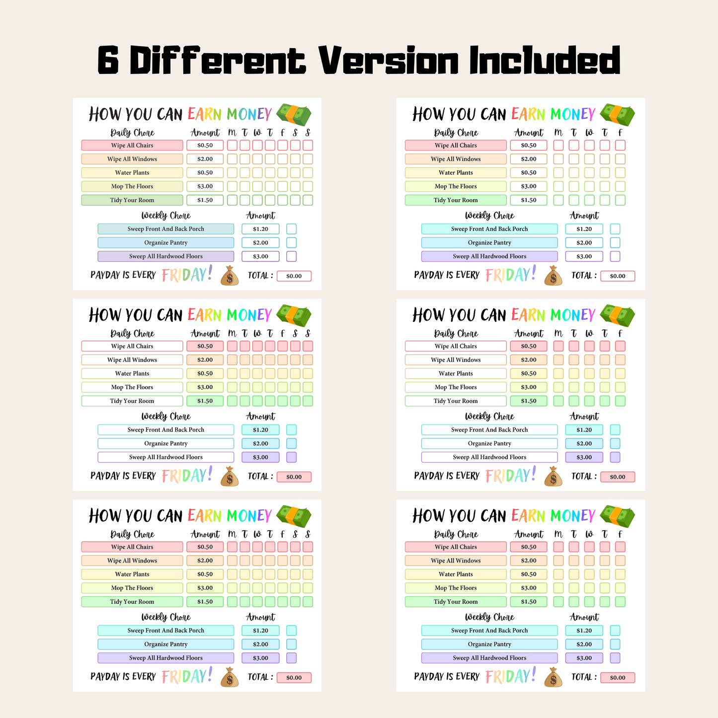 Editable How To Earn Money Chore Chart 7: Rainbow Color 6 Versions Included