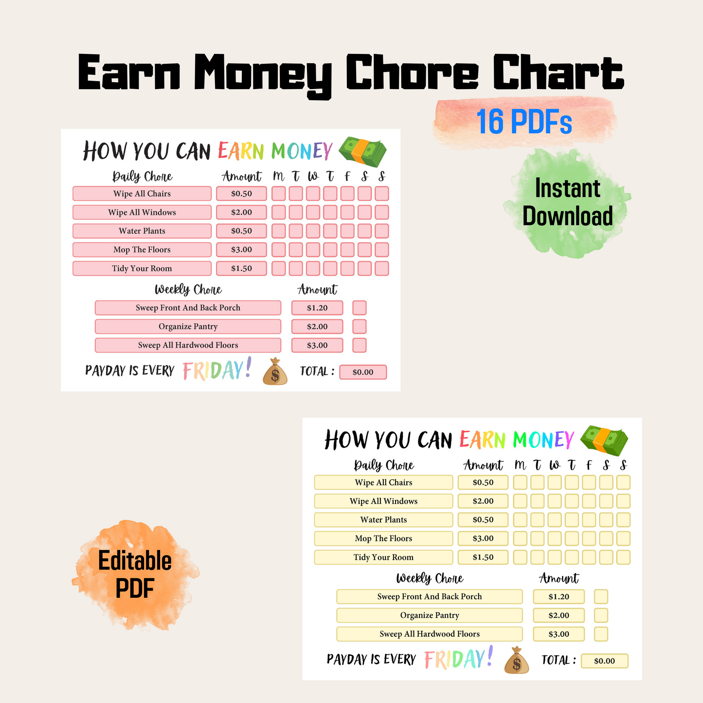 Editable Kids Chore Chart for Earning Money Rainbow Color, Editable Kids Reward, Chore Chart for Kids, PDF Reward System For Kids