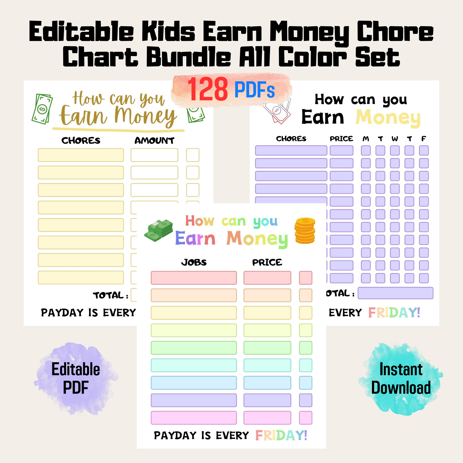 Editable How To Earn Money Chore Chart Bundle 1: All Color Bundle