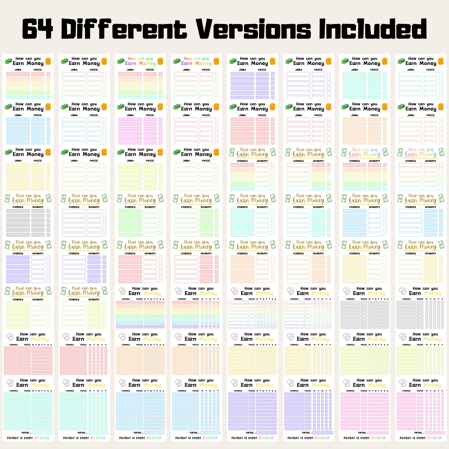 Editable How To Earn Money Chore Chart Bundle 1: All Color Bundle 64 Versions Included