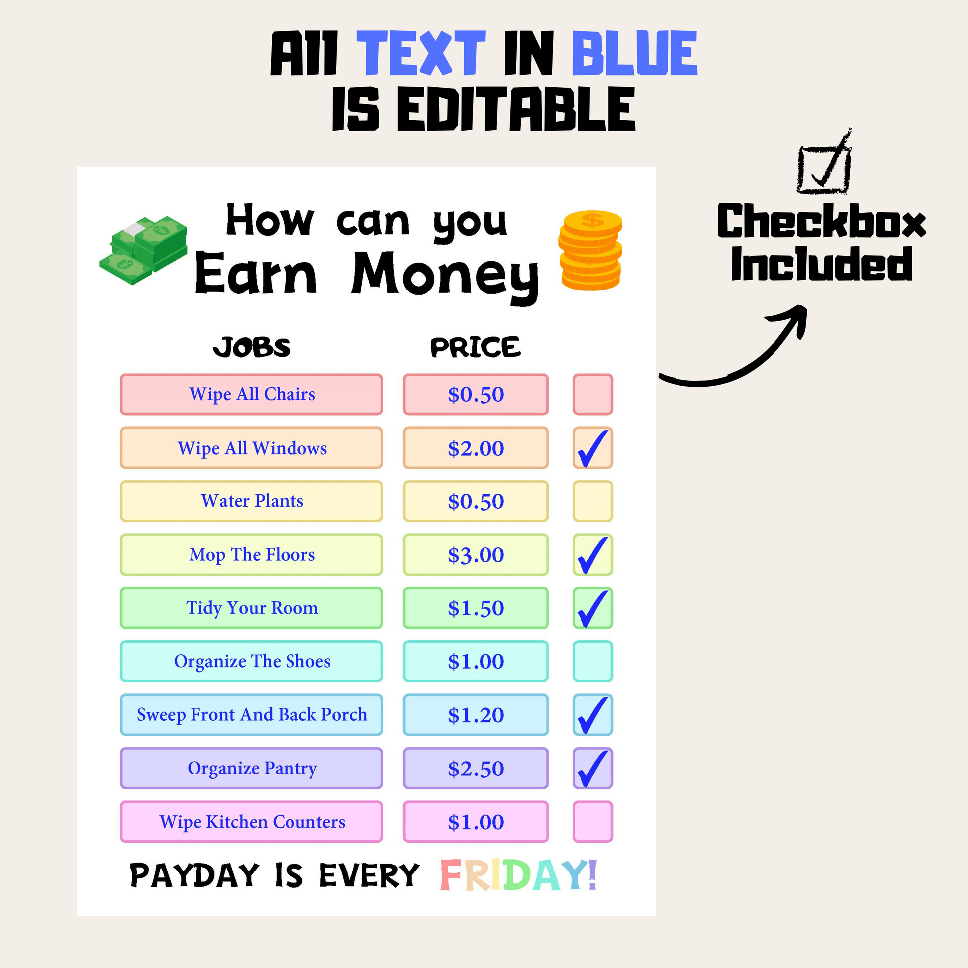 Editable How To Earn Money Chore Chart Bundle 1: All Color Bundle Editable Demo Display