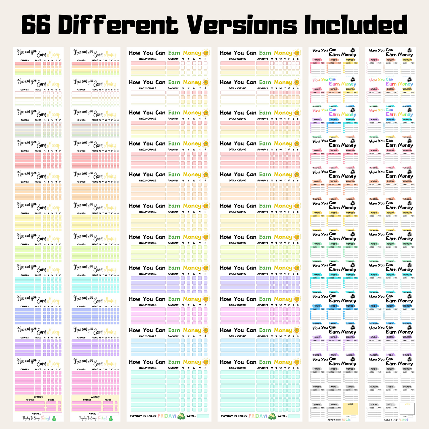 Editable How To Earn Money Chore Chart Bundle 2: All Color Bundle 66 Versions Included