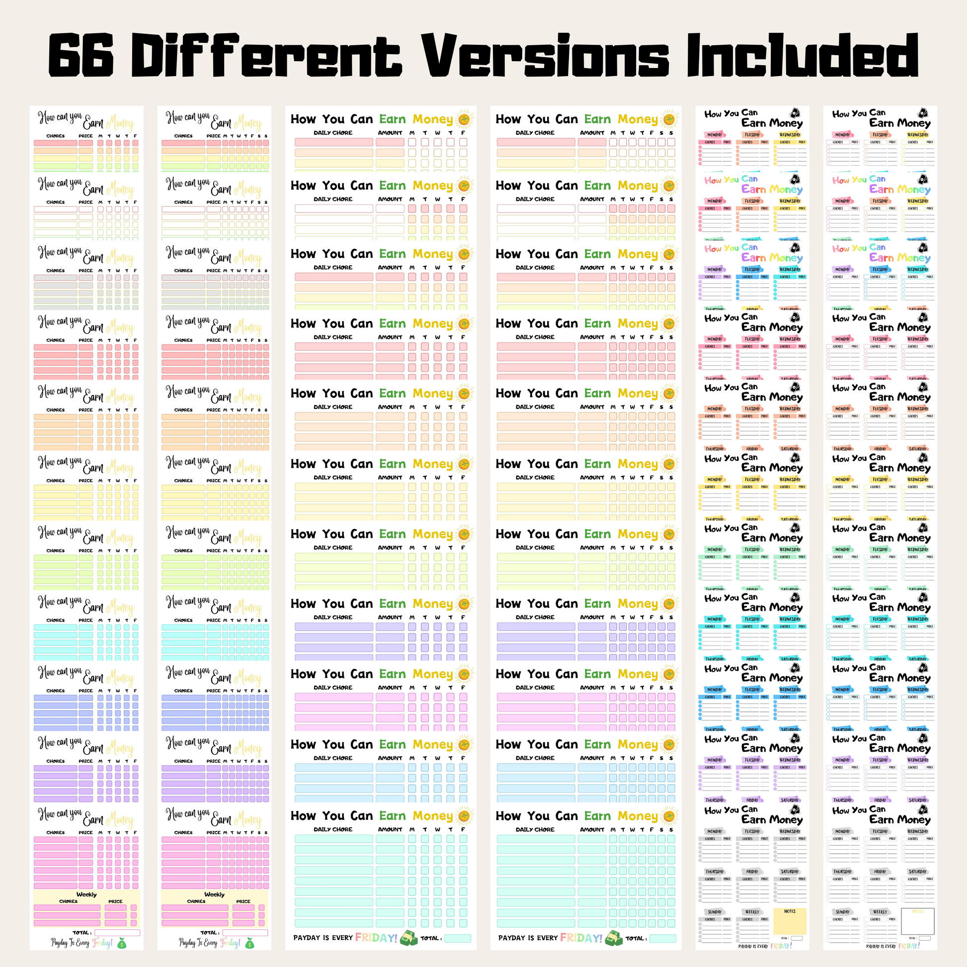 Editable How To Earn Money Chore Chart Bundle 2: All Color Bundle 66 Versions Included