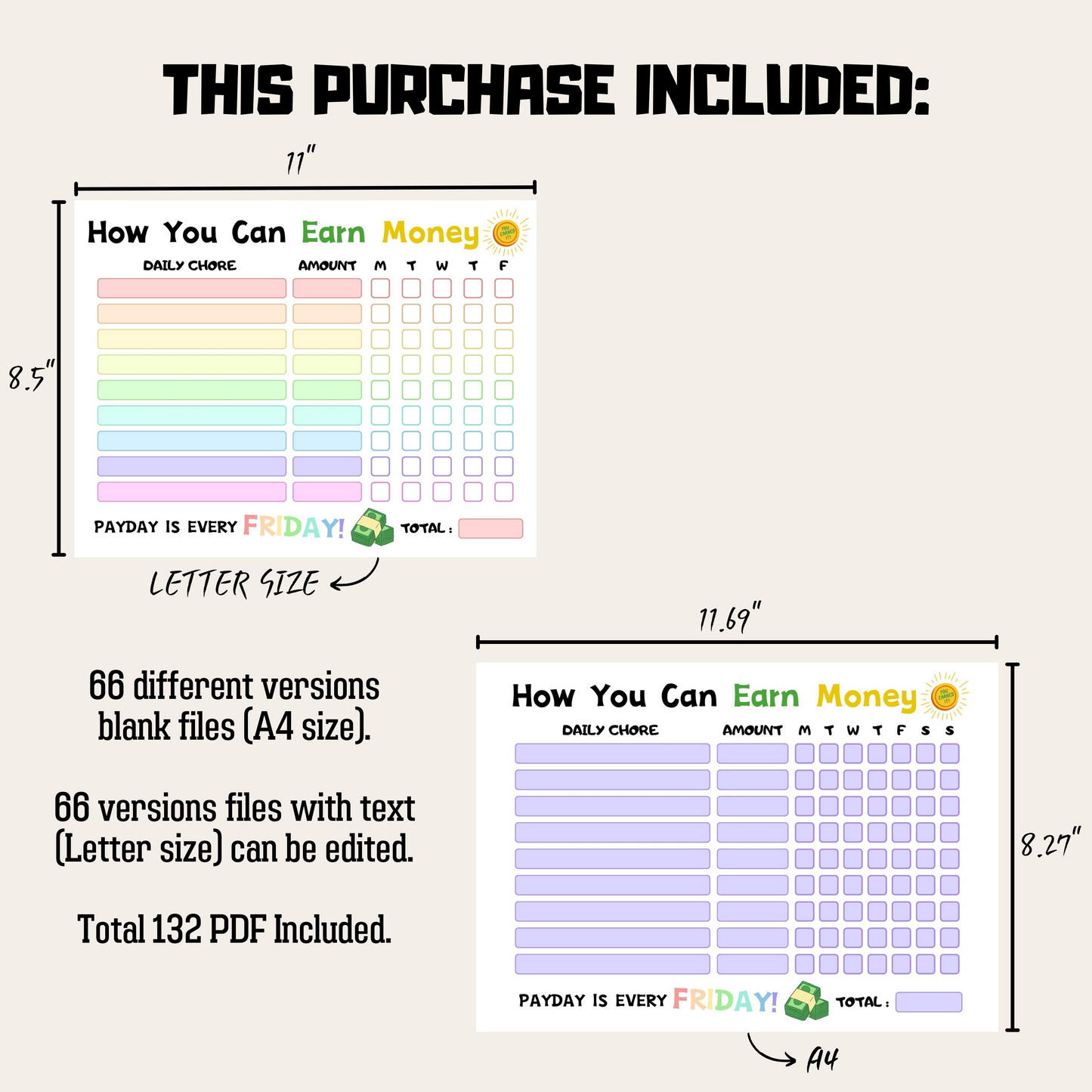Editable How To Earn Money Chore Chart Bundle 2: All Color Bundle Product Information Details And Print Out Size Demo