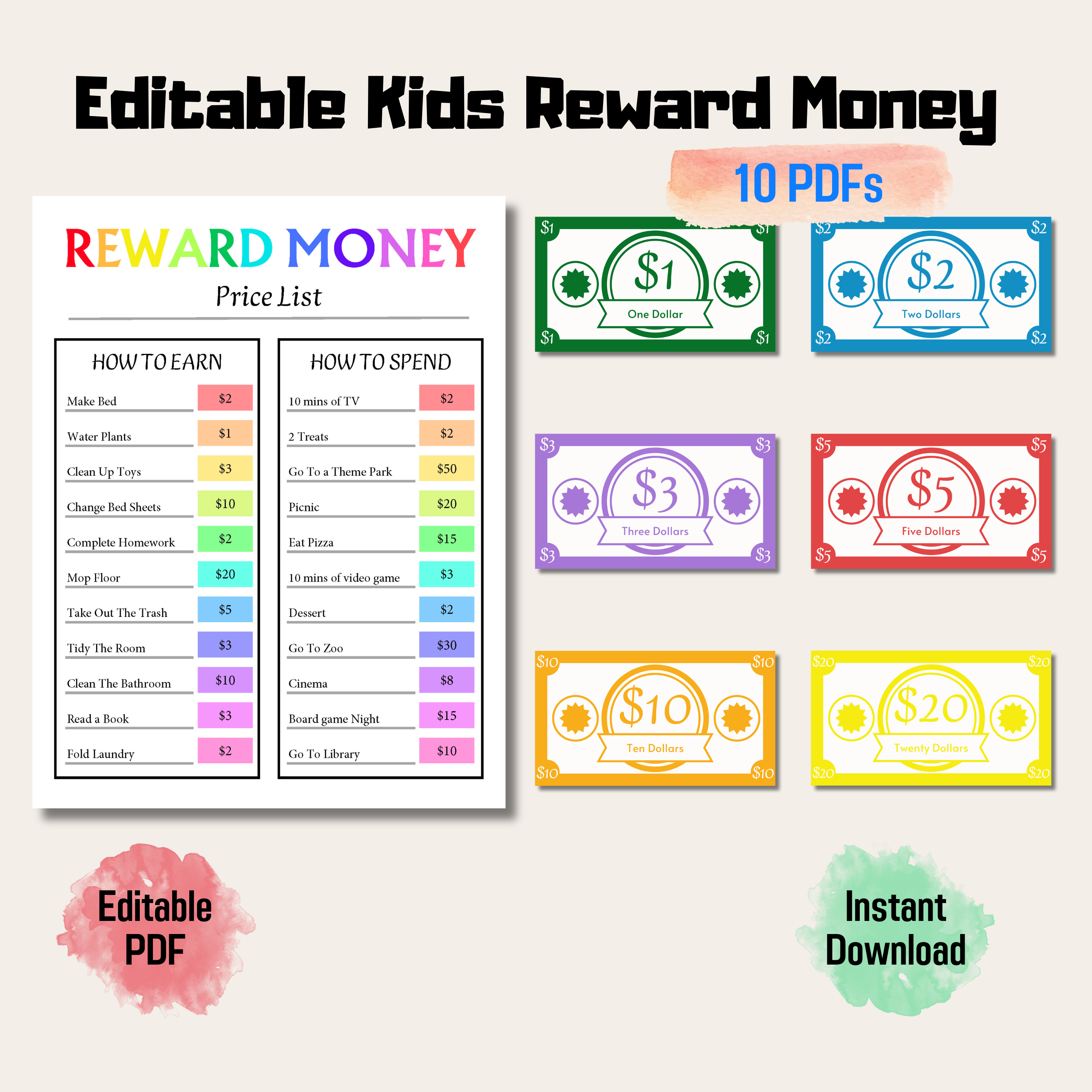 Editable Kids Reward Money, Motivational Behavior System Printable, Mo ... Editable Kids Reward Money, Motivational Behavior System Printable, Mo ...