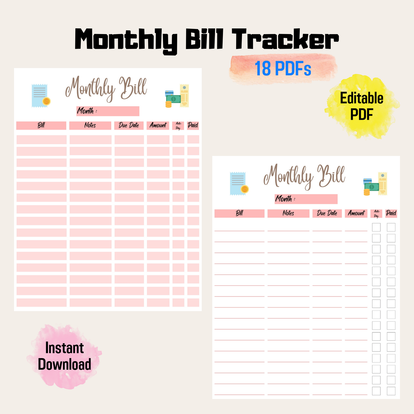 Monthly Bill Payment Tracker Rainbow Color, Expense Tracker, Editable Bill Planner, Bill Pay Checklist Organizer, Bill Log, Instant Download