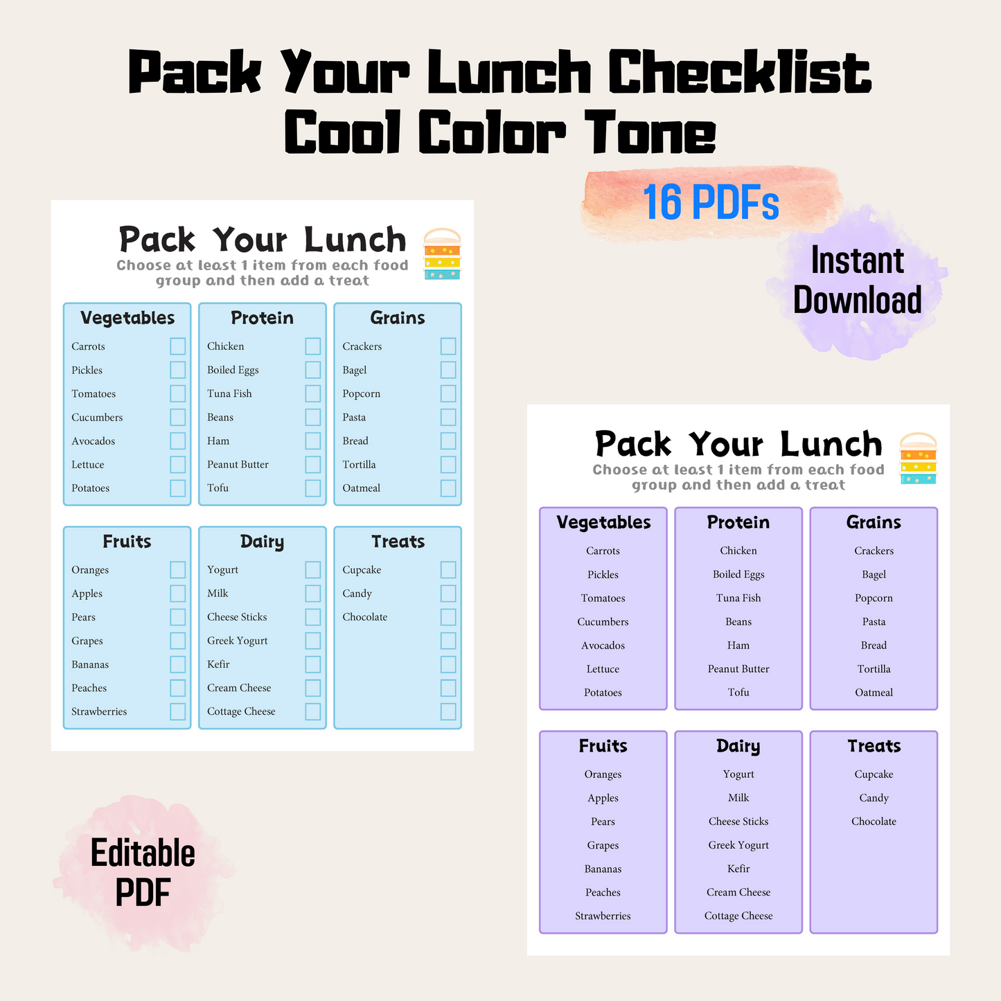 Pack Your Lunch Checklist Rainbow Color, Kids Healthy Lunchbox Template, Elementary Meal Printable, Kids Lunch Menu Chart, Instant Download