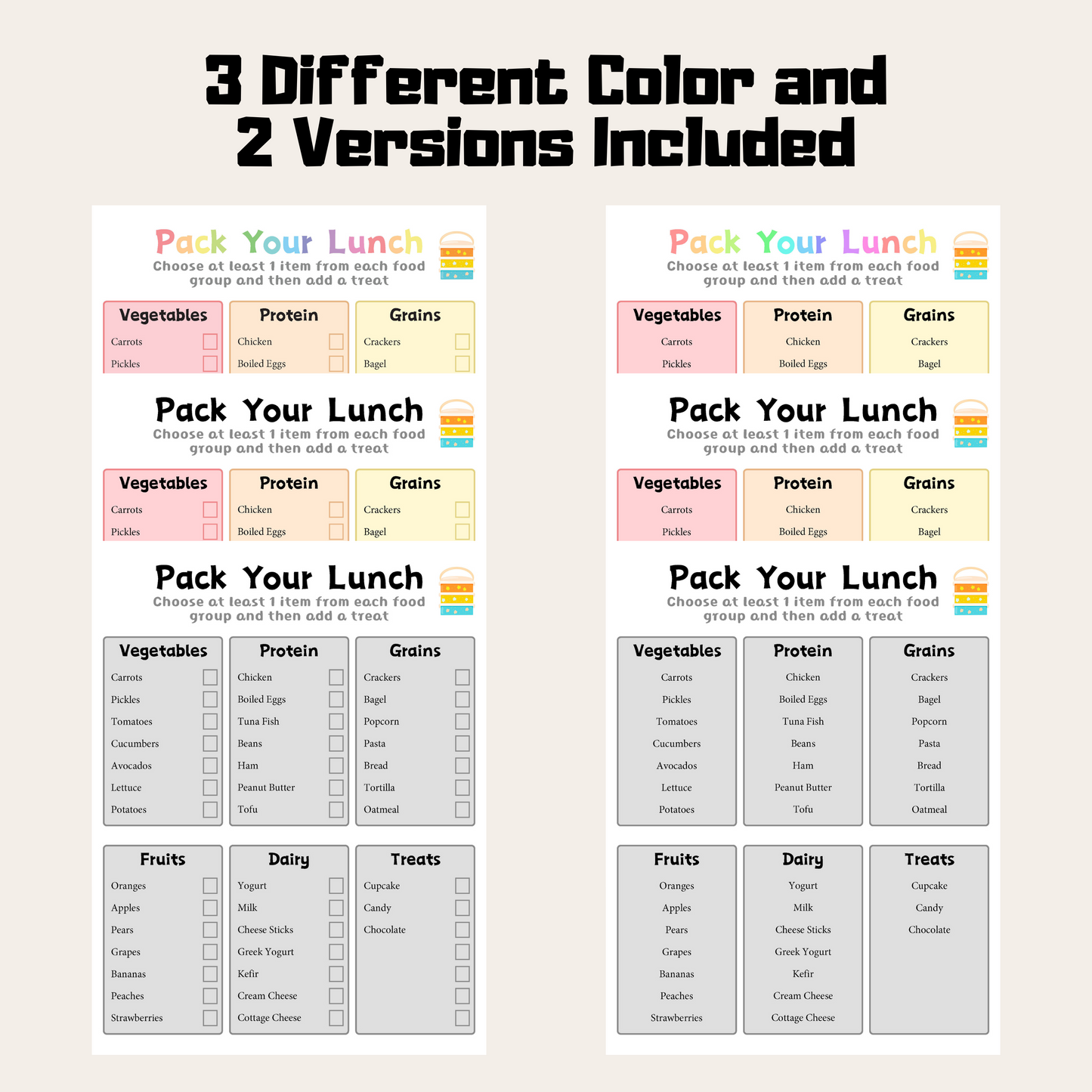 Editable Pack Lunchbox Checklist 1: Rainbow Color 3 Color and 2 Versions Included